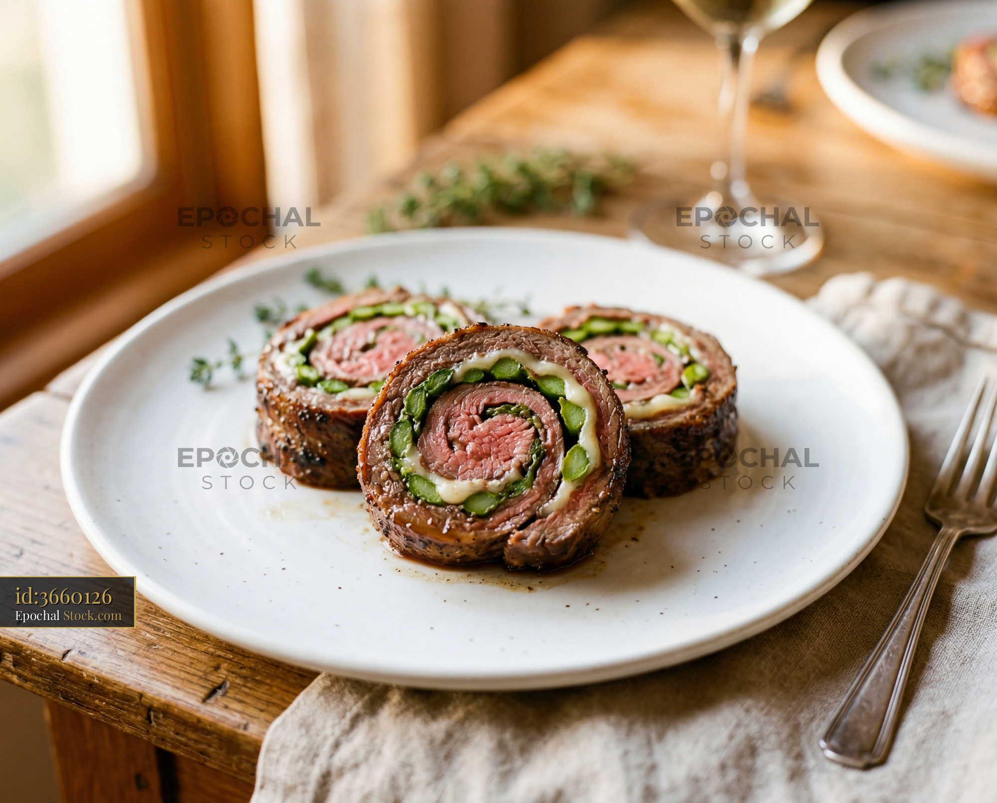 Beef Roulade with Peas on Fine Dining Plate - stock photo