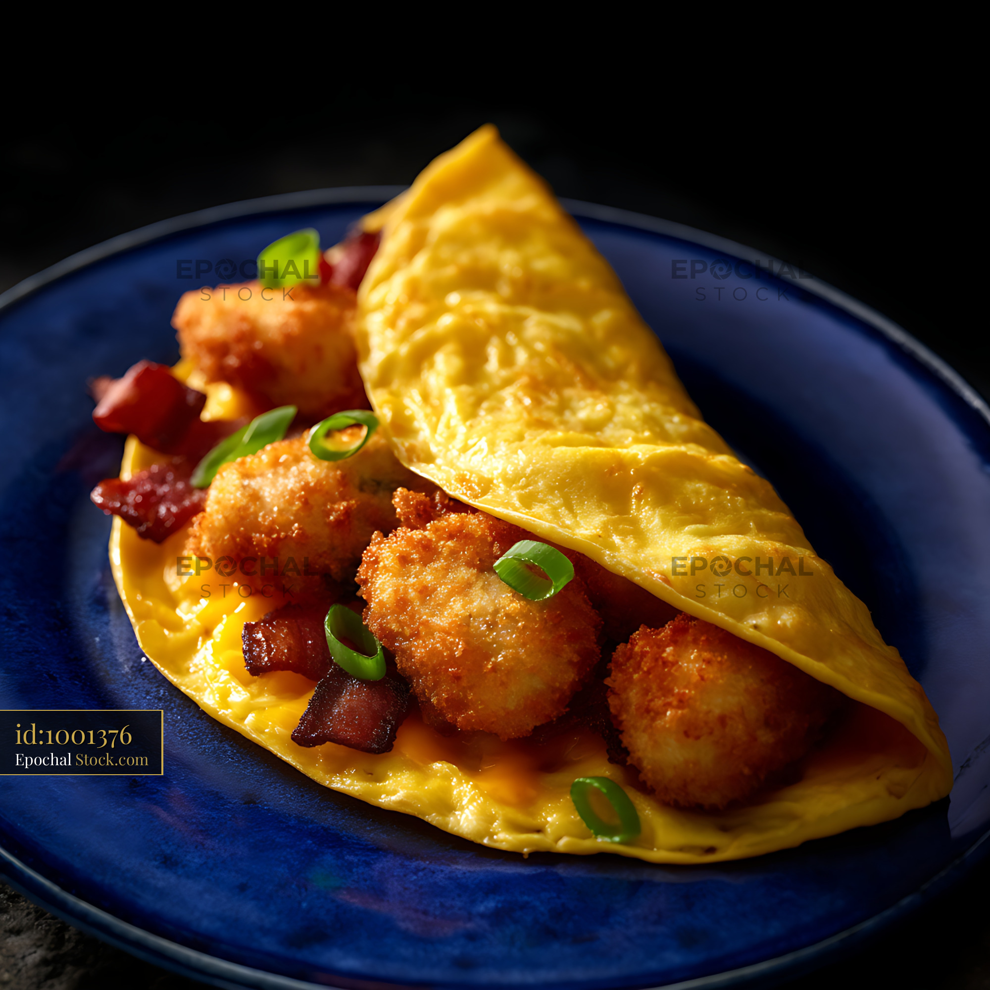 Crispy Shrimp Omelet with Scallions on Blue Plate - stock photo