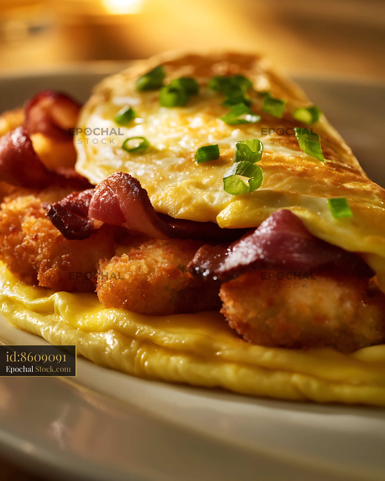 Bacon Omelet with Corn Puree and Scallion Garnish - stock photo