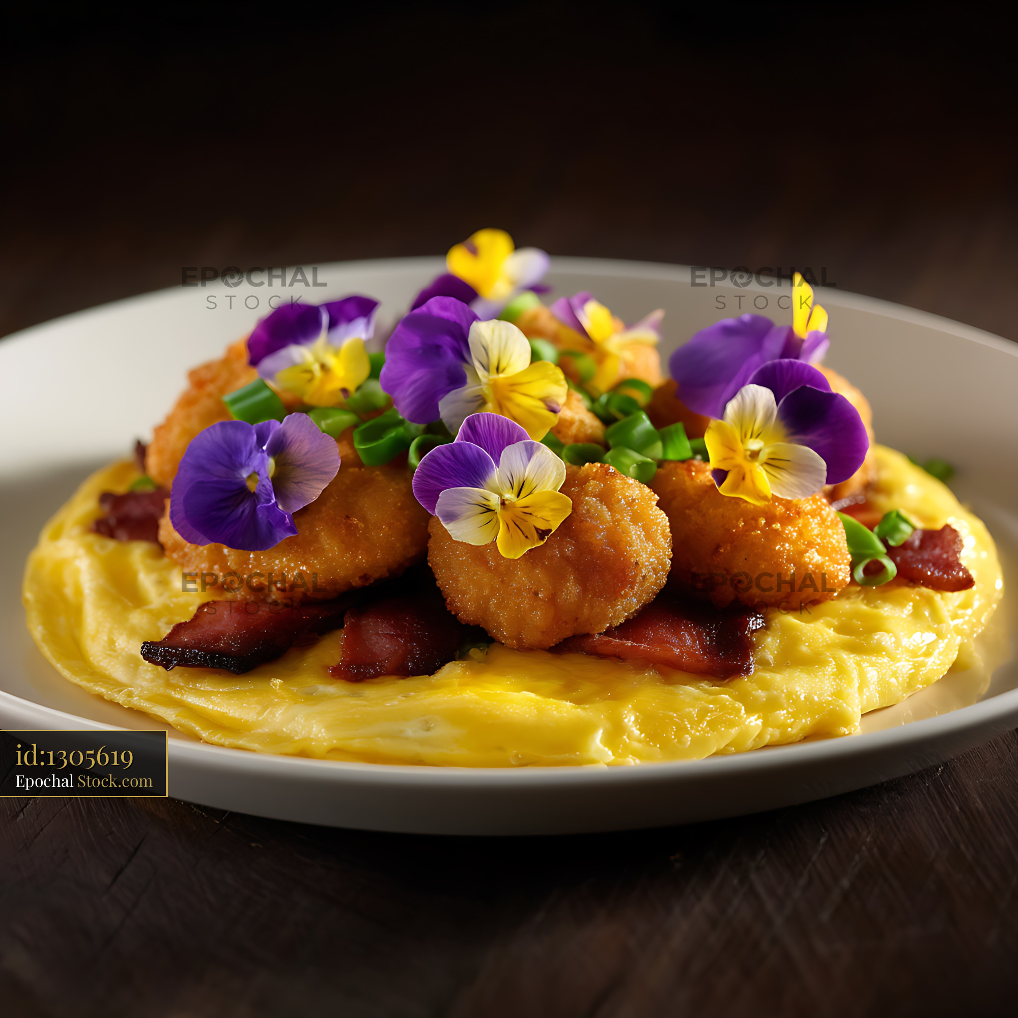 Gourmet Shrimp Omelet with Edible Flowers - stock photo