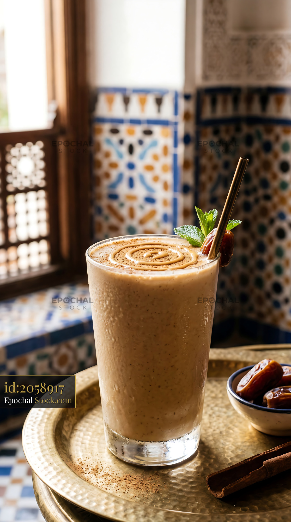 Creamy Tahini Date Shake with Cinnamon Garnish - stock photo
