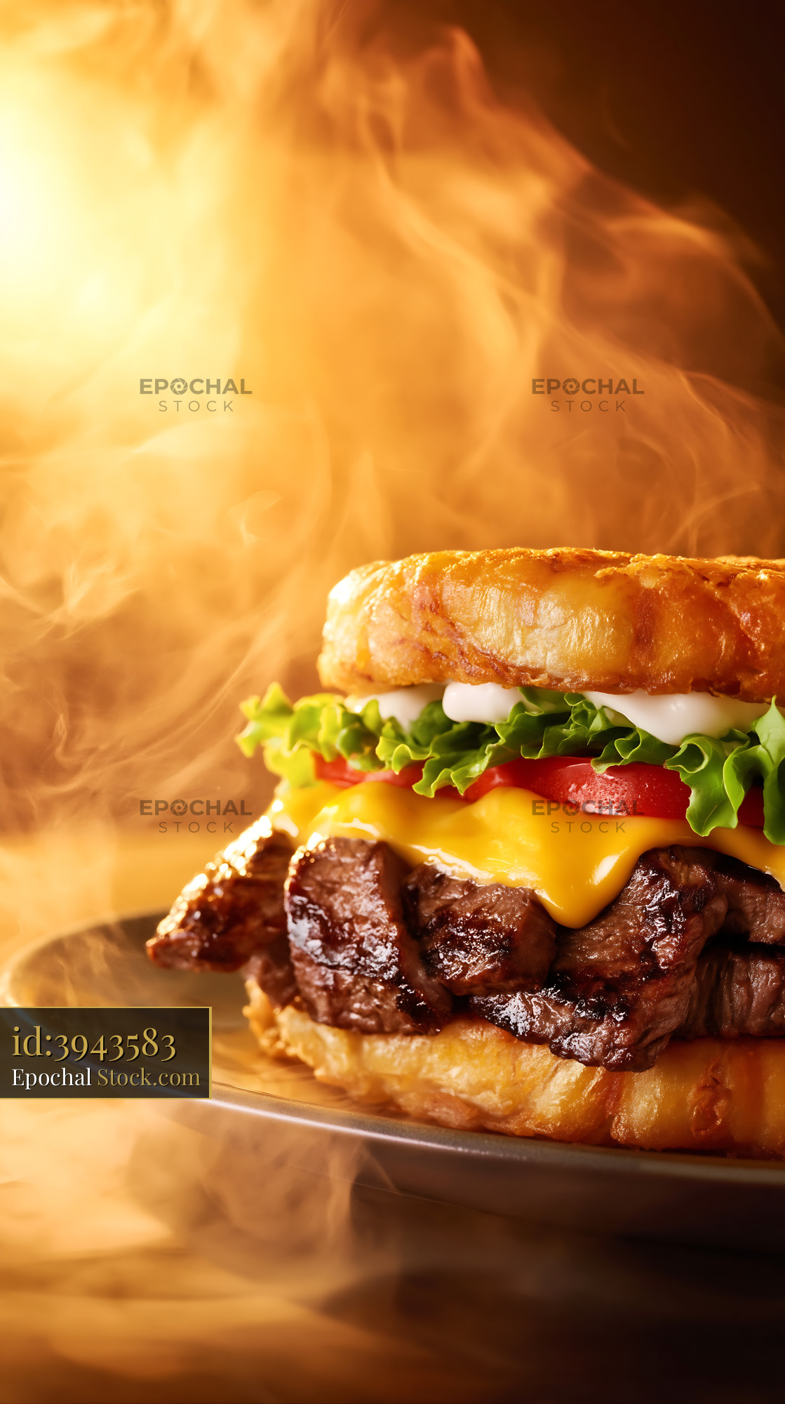 Jibarito Burger Stacked with Cheese, Flame-Grilled Heat, Appetizing Fire - stock photo