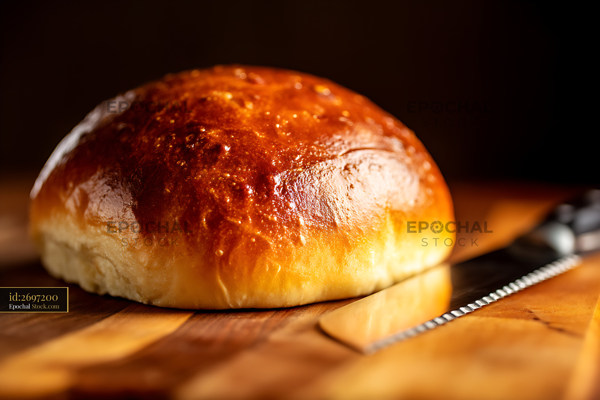 Fresh Baked Golden Bread Roll with Knife - stock photo