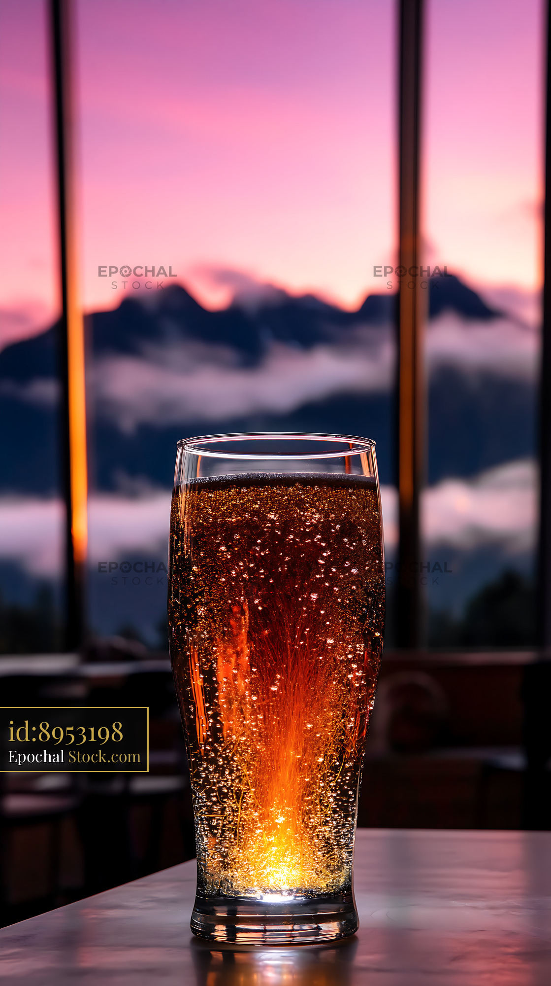 Nitro Caramel Coffee with Mountain Sunset View - stock photo