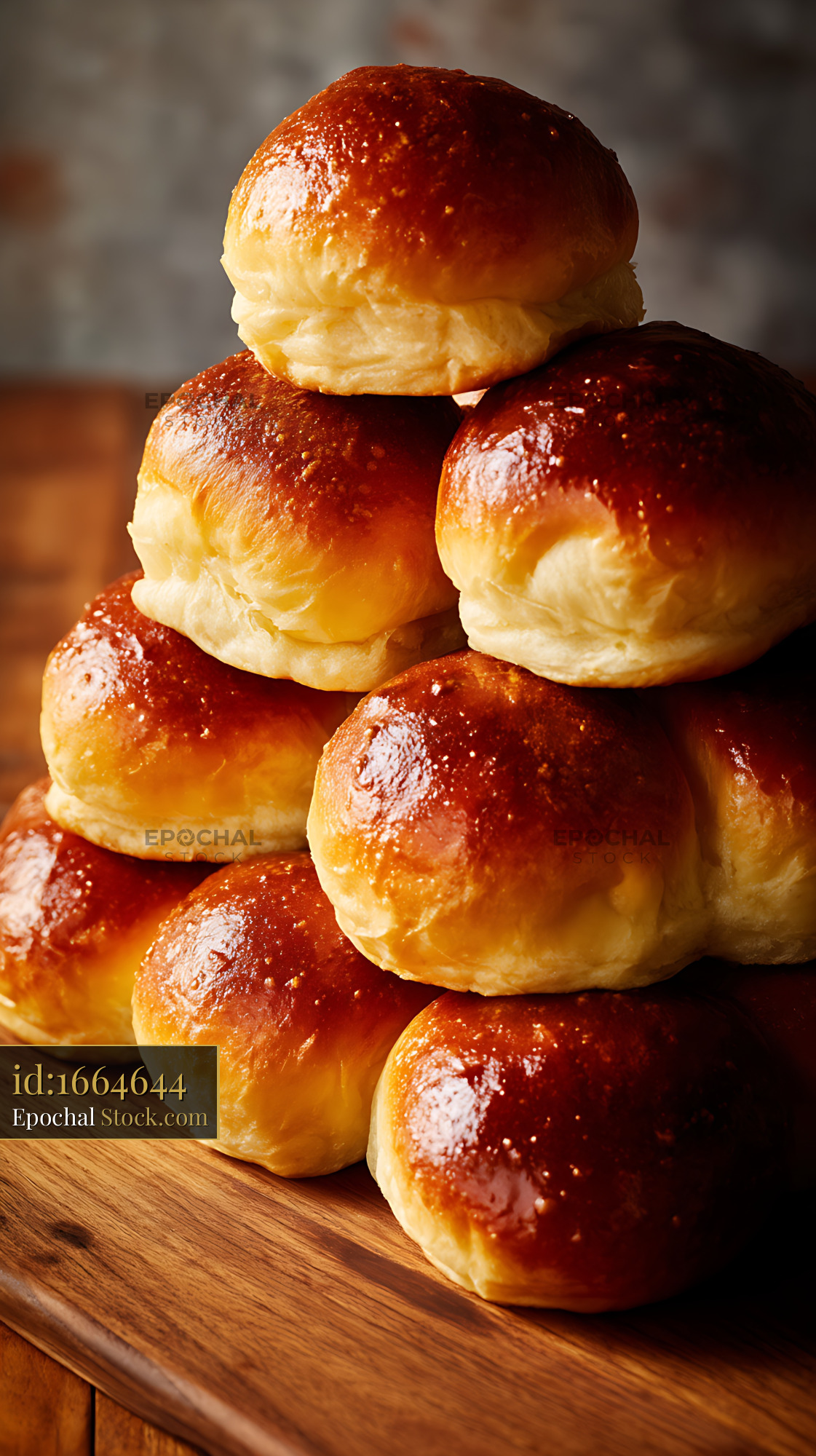 Golden Brioche Buns Stacked on Wooden Board - stock photo