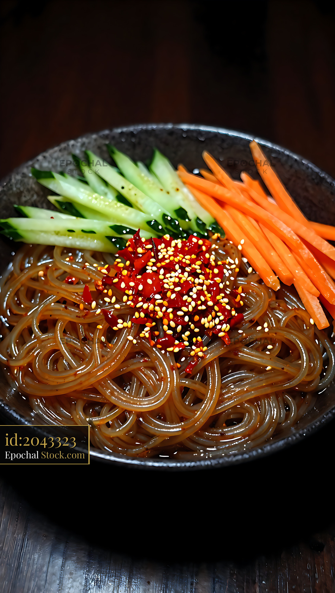 Korean Noodles with Vegetables and Sesame Seeds - stock photo