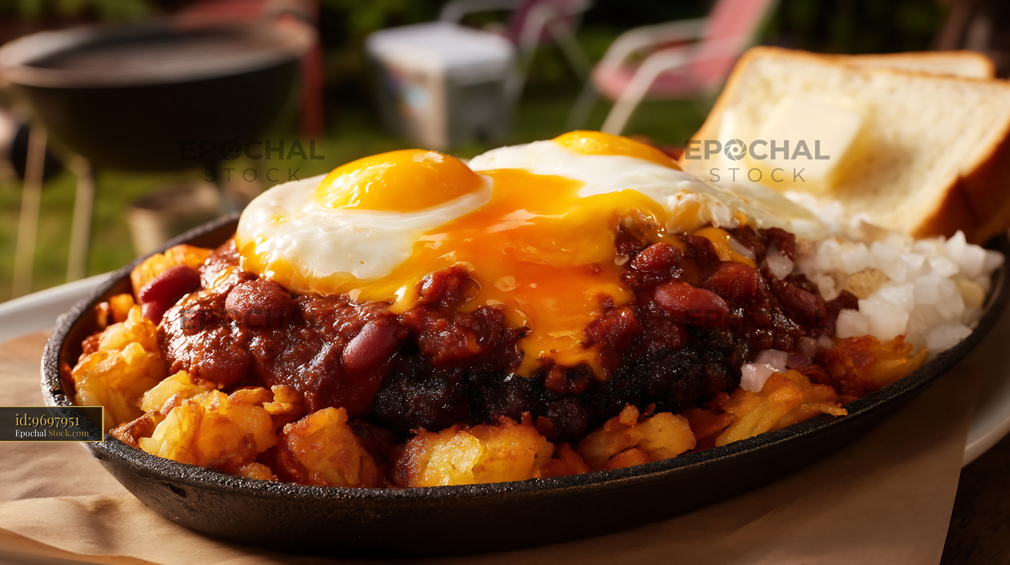 St. Louis Slinger with Fried Eggs Outdoor BBQ - stock photo