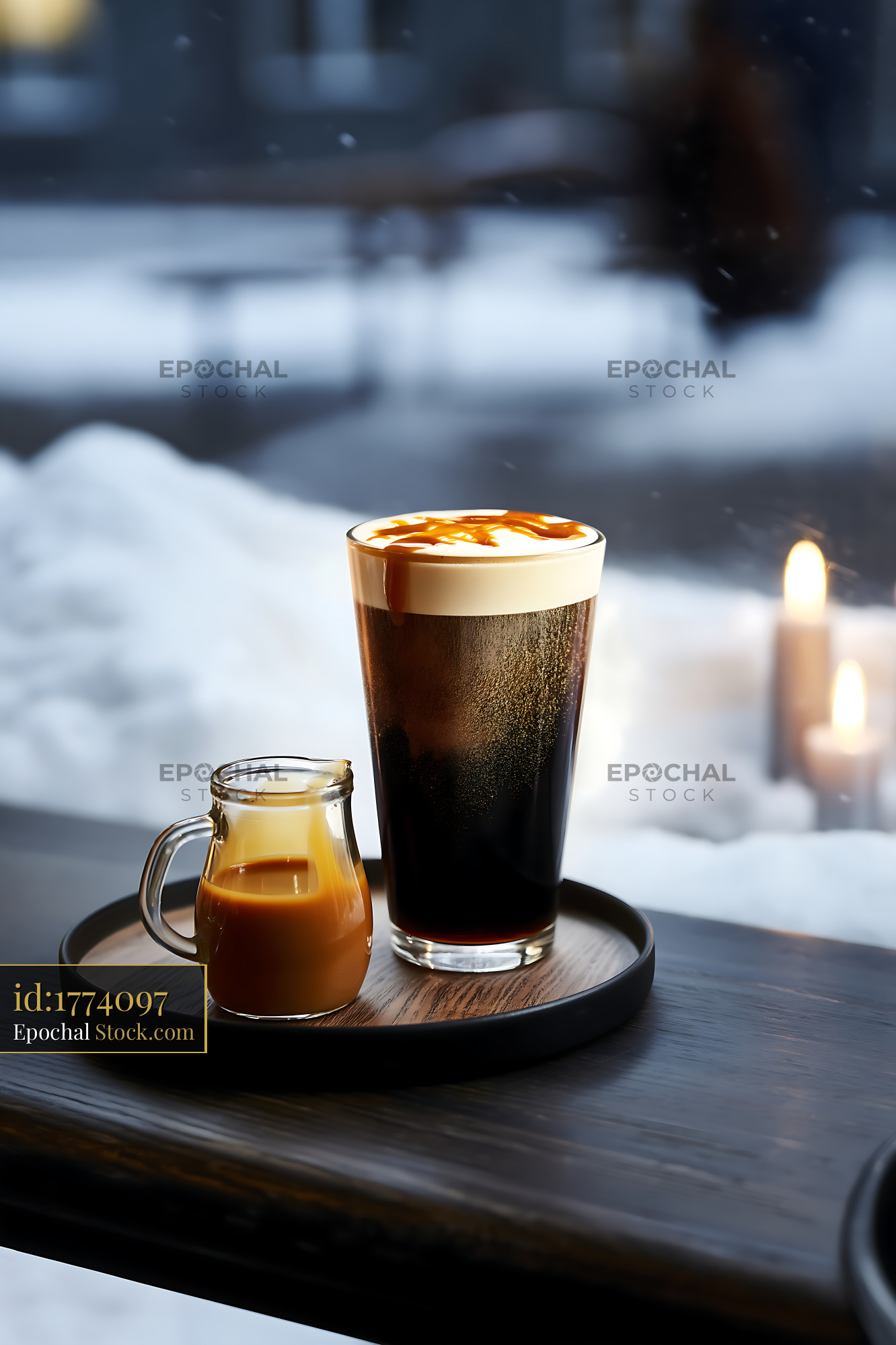 Nitro Caramel Coffee with Syrup on Winter Table - stock photo