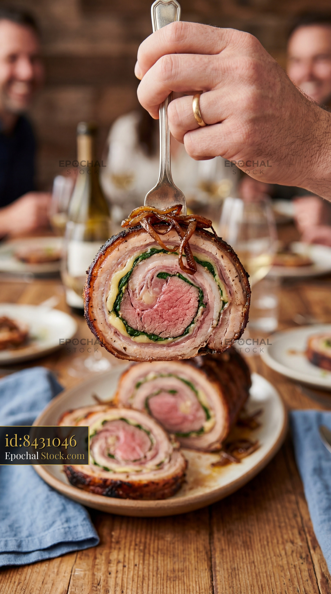 Sliced Beef Wellington On Fork Fine Dining - stock photo