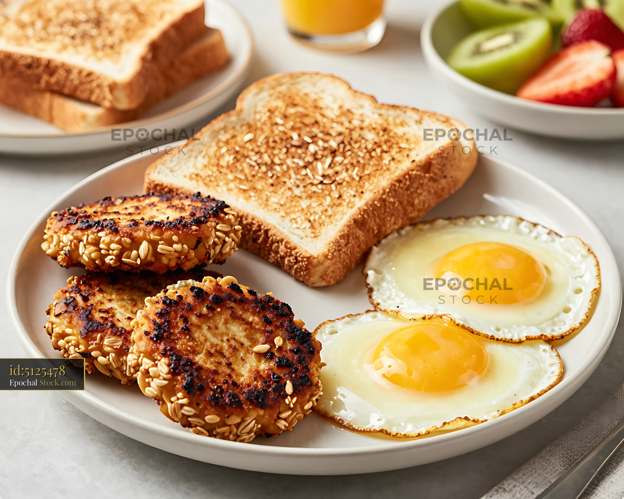 Fried Eggs with Sesame Bagels Breakfast Plate - stock photo