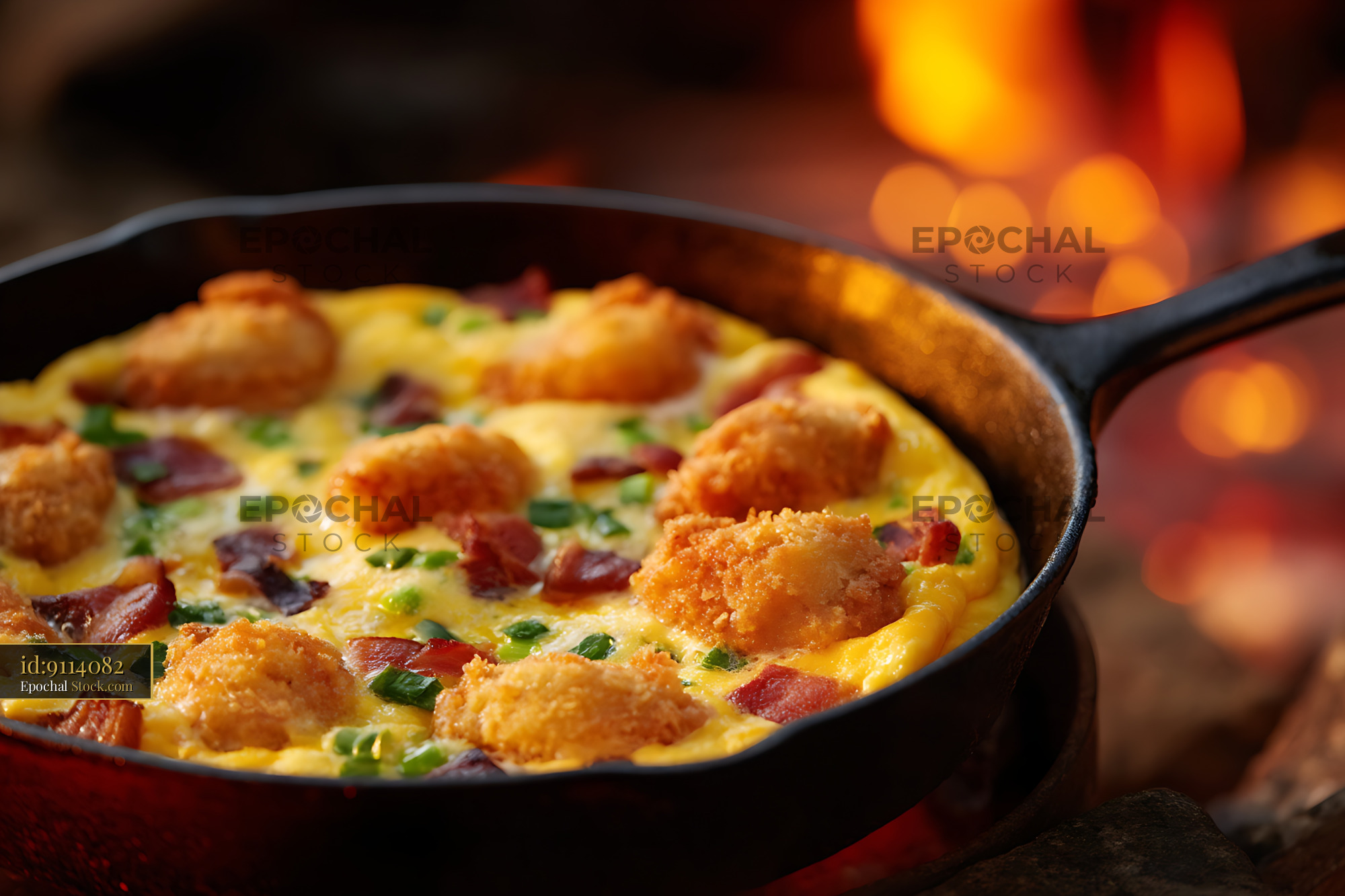 Shrimp & Bacon Omelet Over Campfire - stock photo
