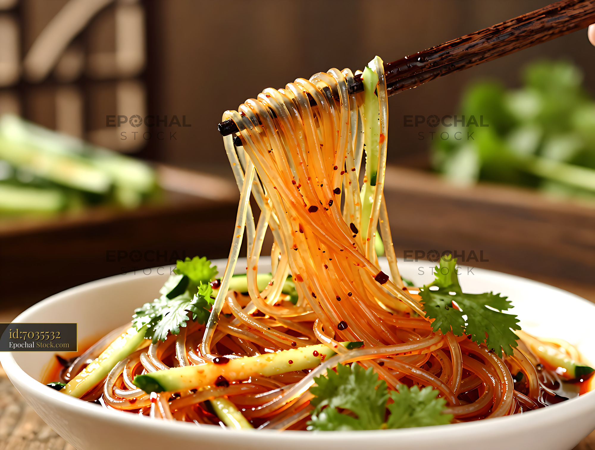 Sichuan Glass Noodle Salad on Chopsticks - stock photo