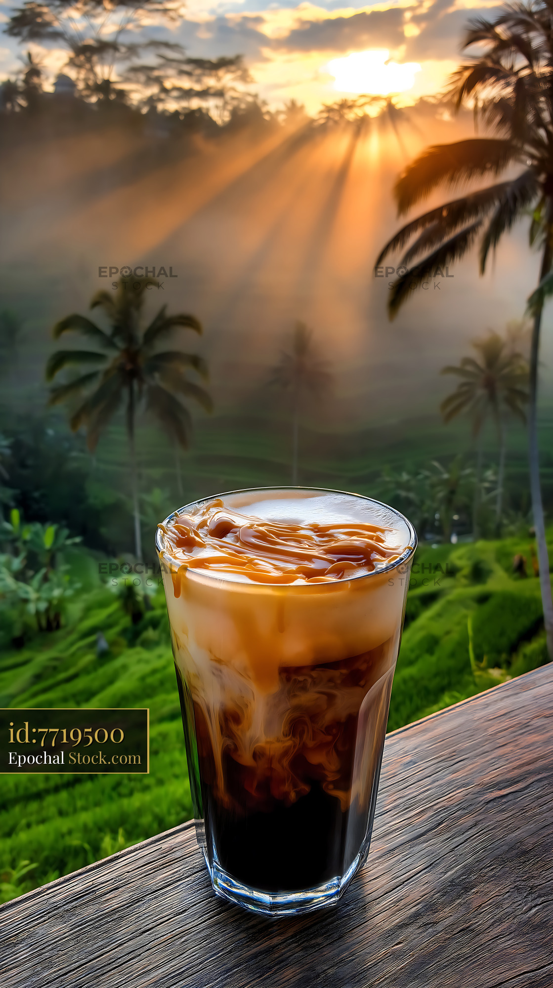 Nitro Caramel Coffee Sunrise Over Tropical Valley - stock photo