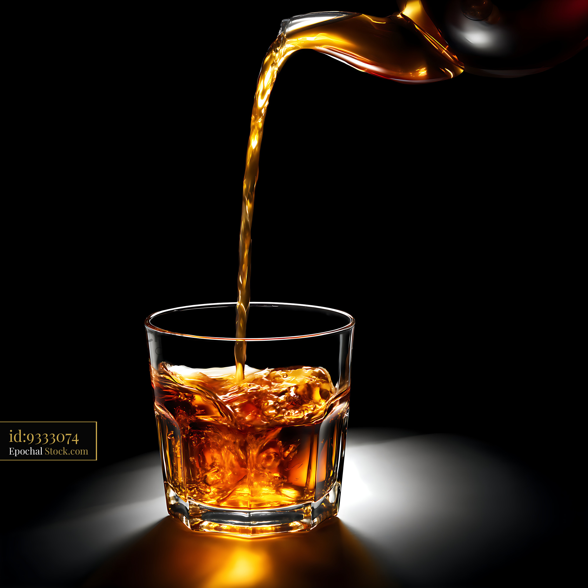 Whiskey Pouring Into Ice Glass on Black Background - stock photo