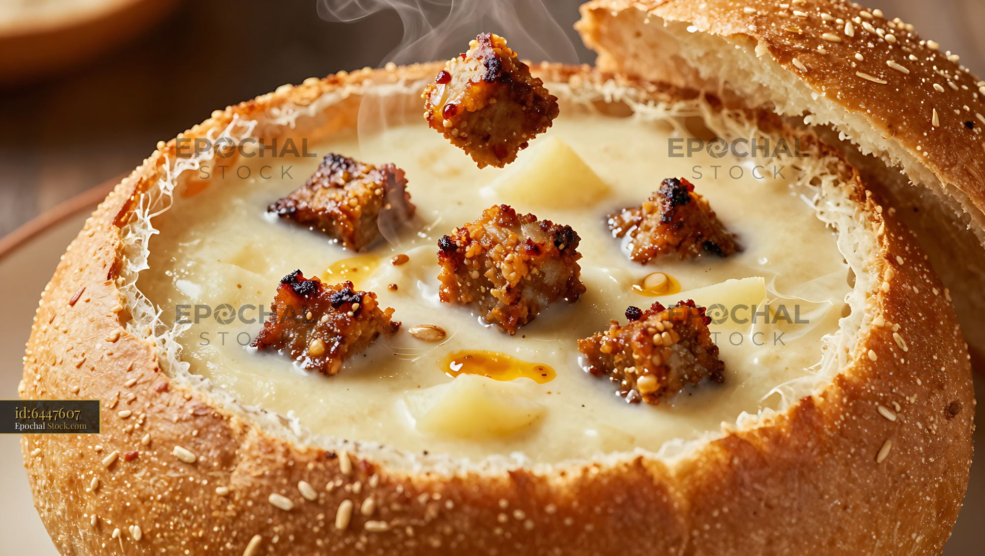Creamy Soup Served in Crusty Sesame Bread Bowl - stock photo
