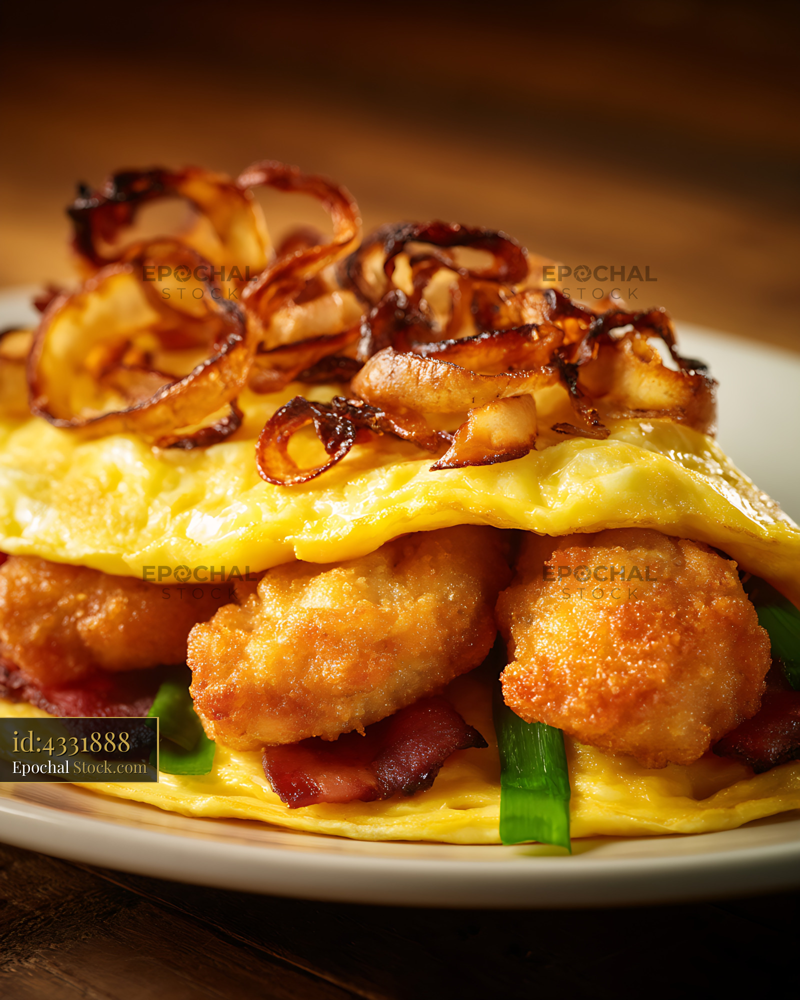 Gourmet Shrimp Omelet with Caramelized Onions - stock photo