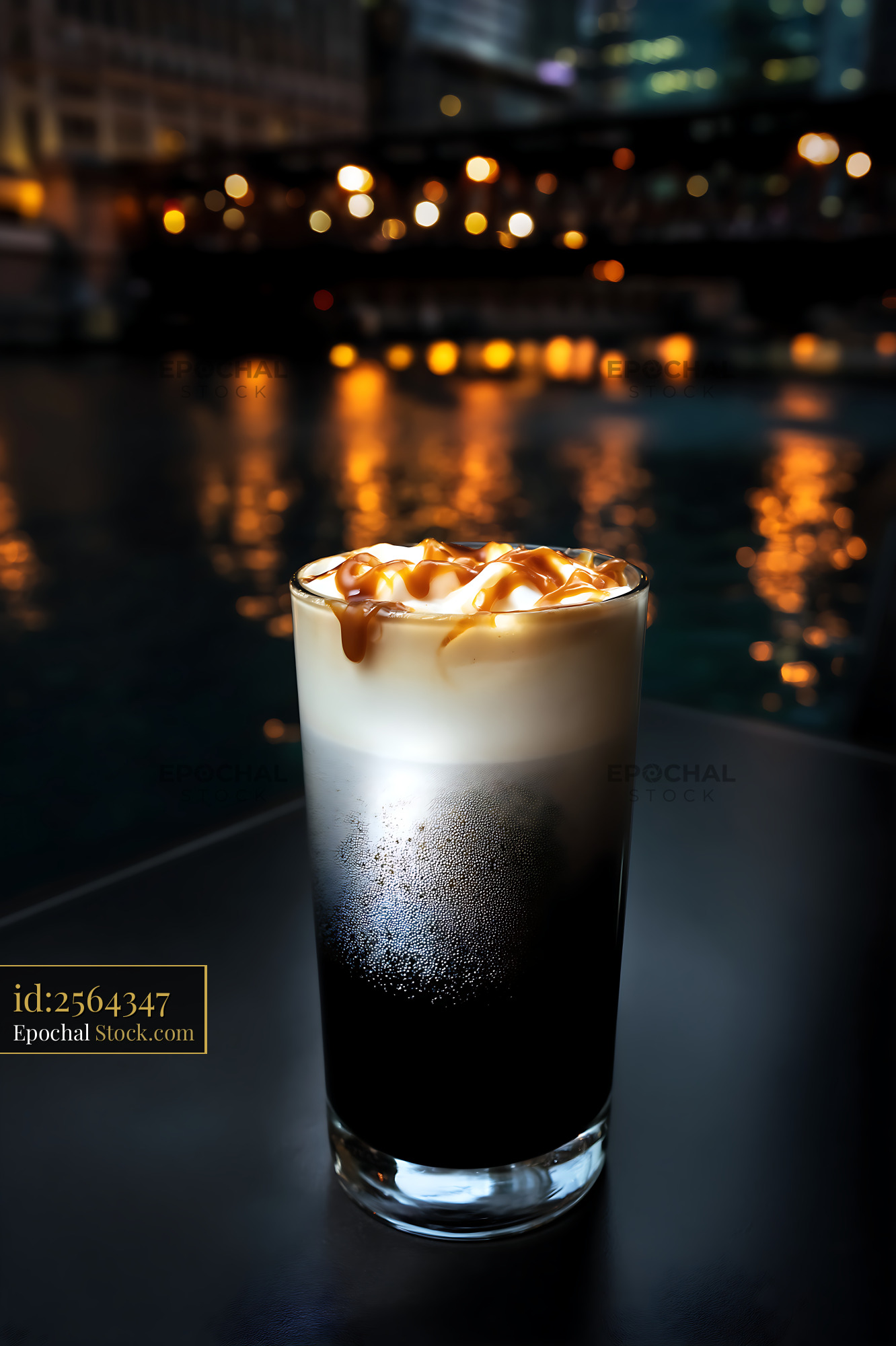 Nitro Caramel Coffee with Foam City Lights - stock photo