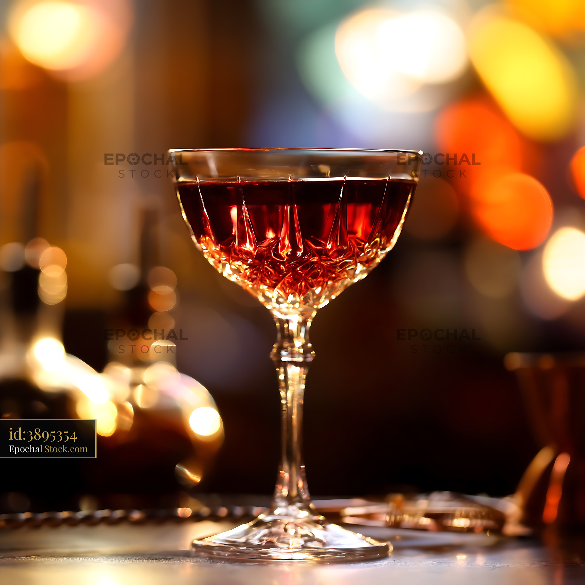 Bushwick Cocktail in Crystal Coupe Glass, Bokeh Lights - stock photo