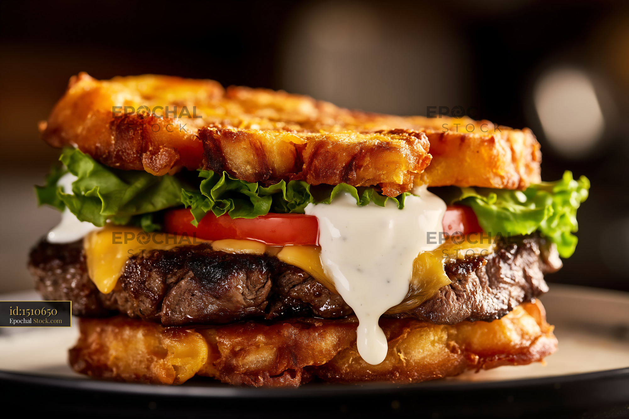 Gourmet Beef Burger with Melted Cheese on Crispy Toast - stock photo