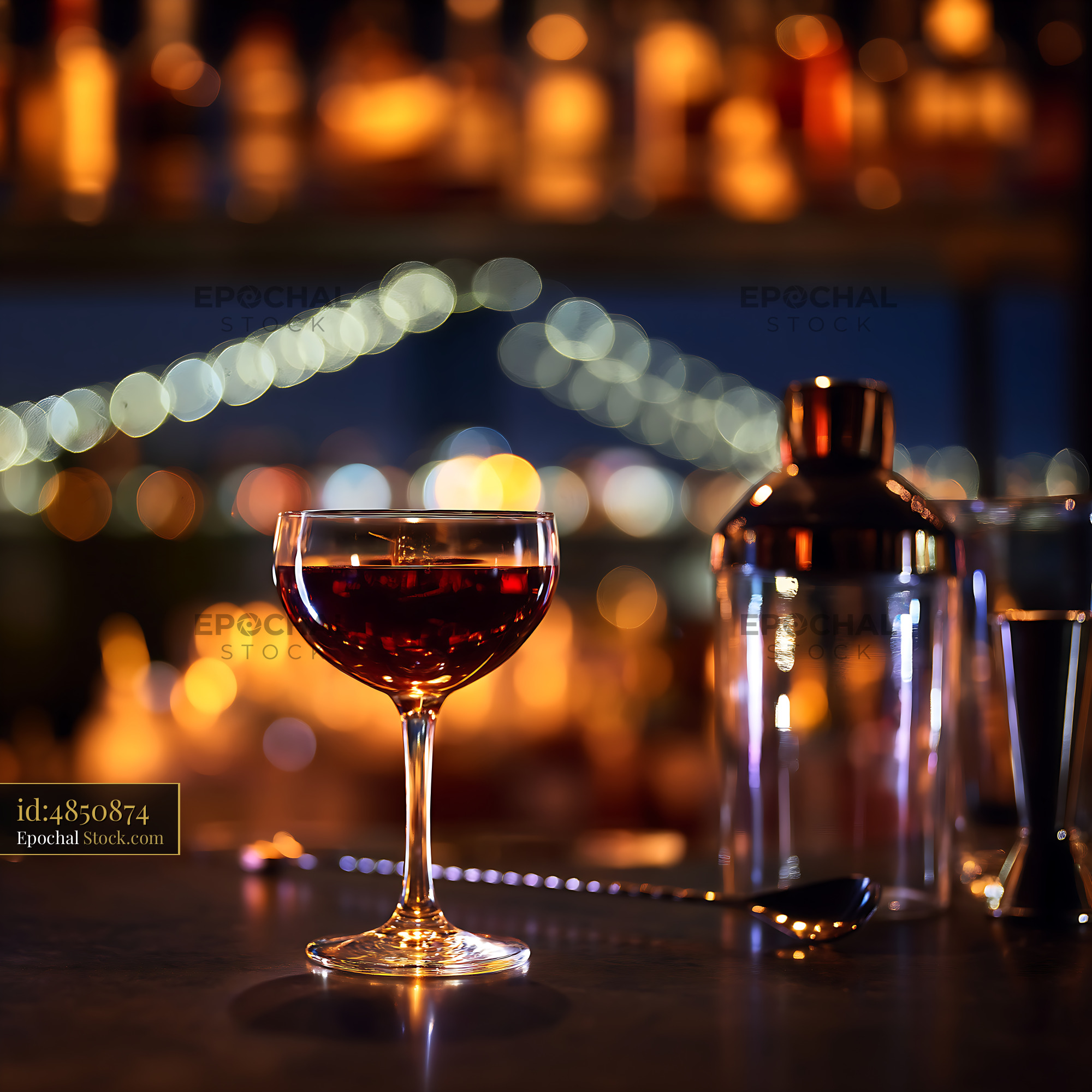 Bushwick Cocktail in Coupe Glass with City Lights - stock photo