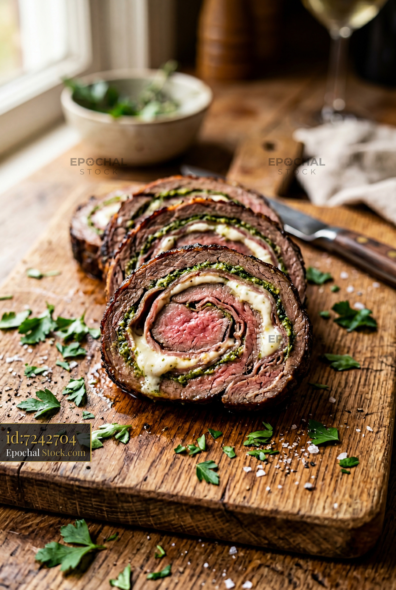 Beef Roulade with Pesto & Cream Filling Sliced - stock photo
