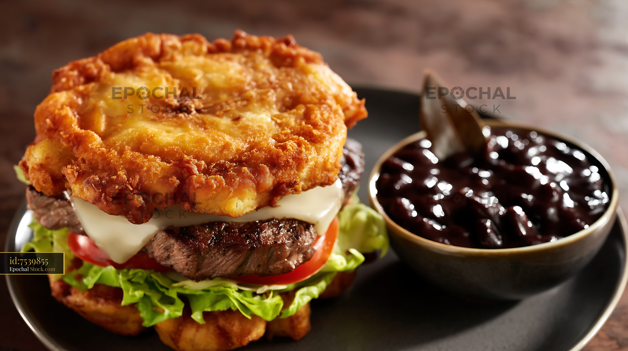 Crispy Fried Chicken Burger with Cheese & Sauce - stock photo