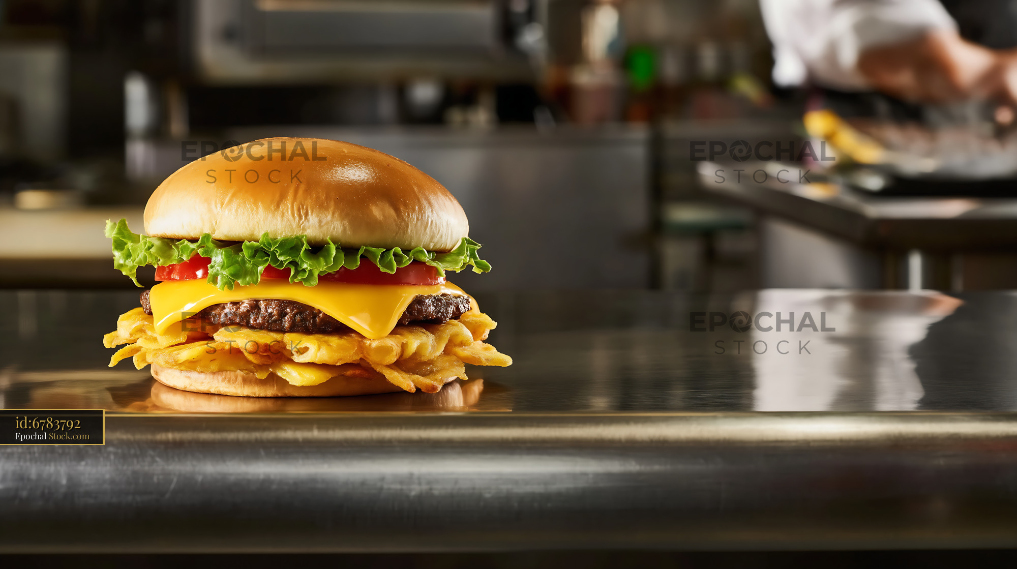 Gourmet Cheeseburger With Fries on Counter - stock photo