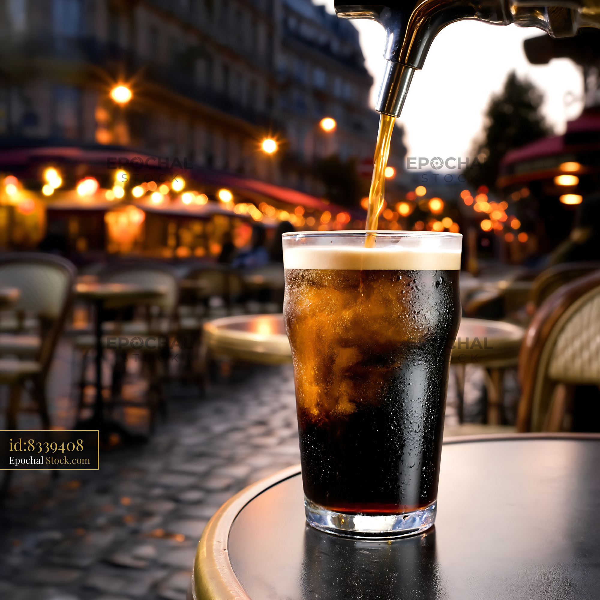 Cold Soda Being Poured at Evening Cafe - stock photo