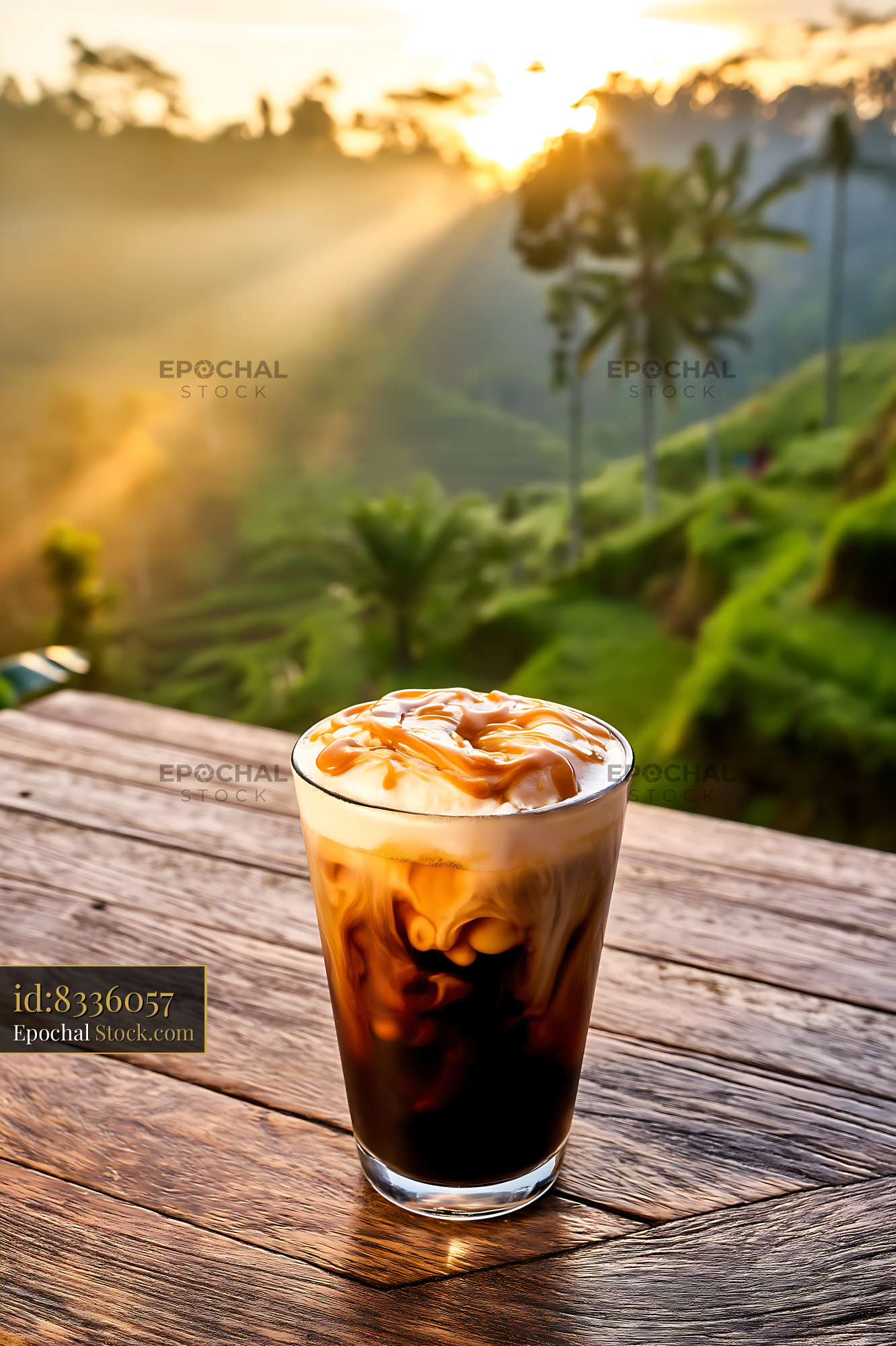 Nitro Caramel Coffee at Sunrise with Mountain View - stock photo