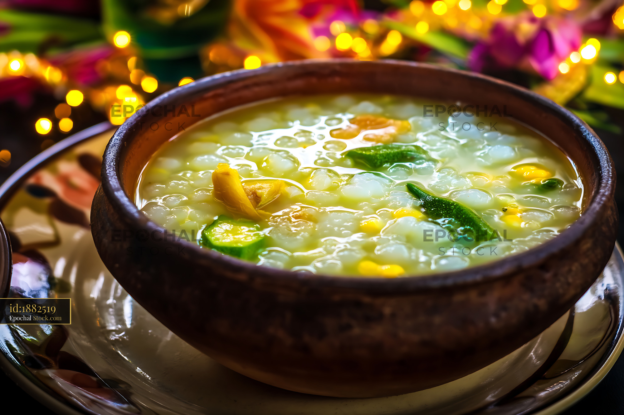 Kapurung Soup in Rustic Bowl with Festive Lights - stock photo