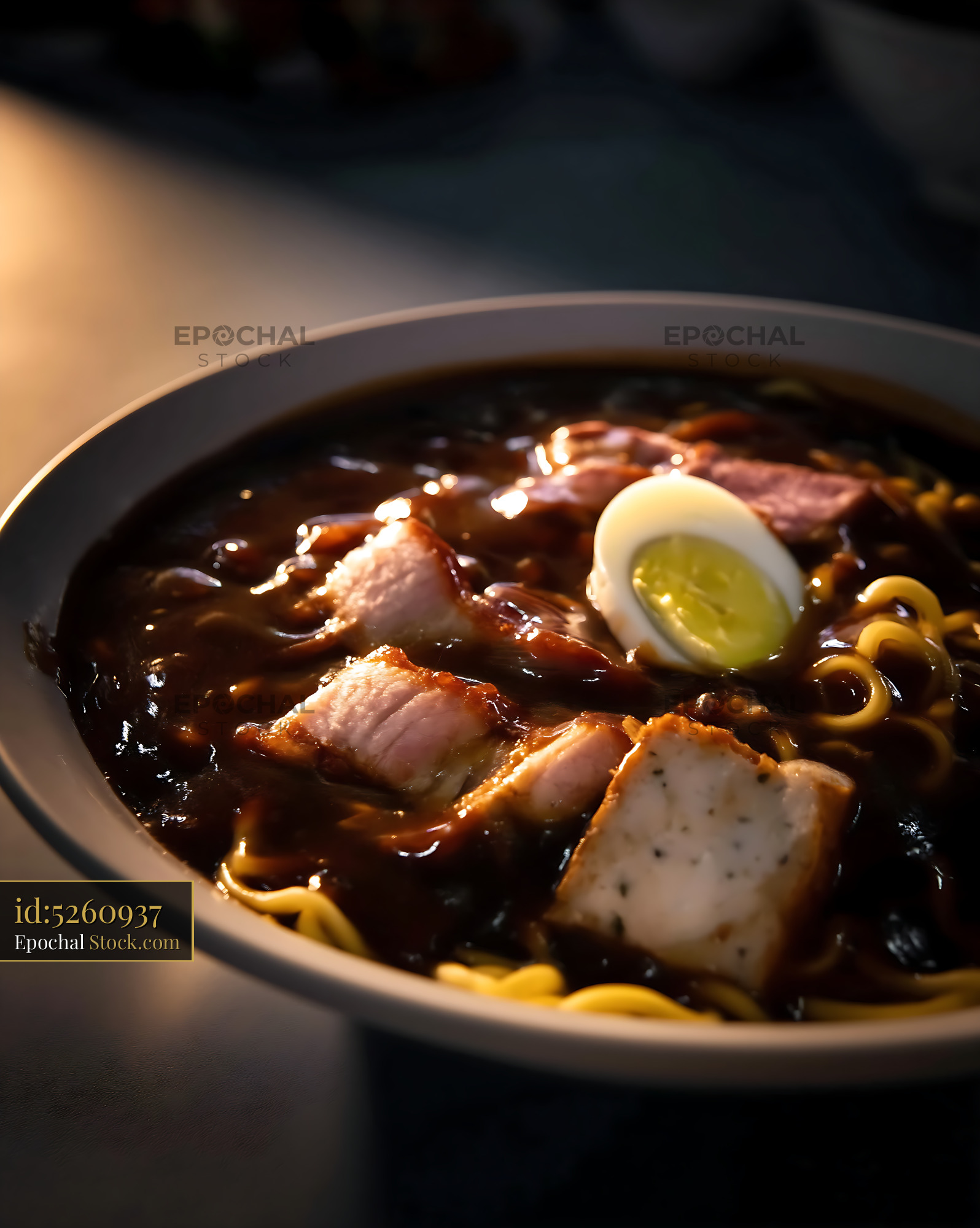 Rich Lor Mee Soup with Pork Belly, Egg, and Noodles - stock photo