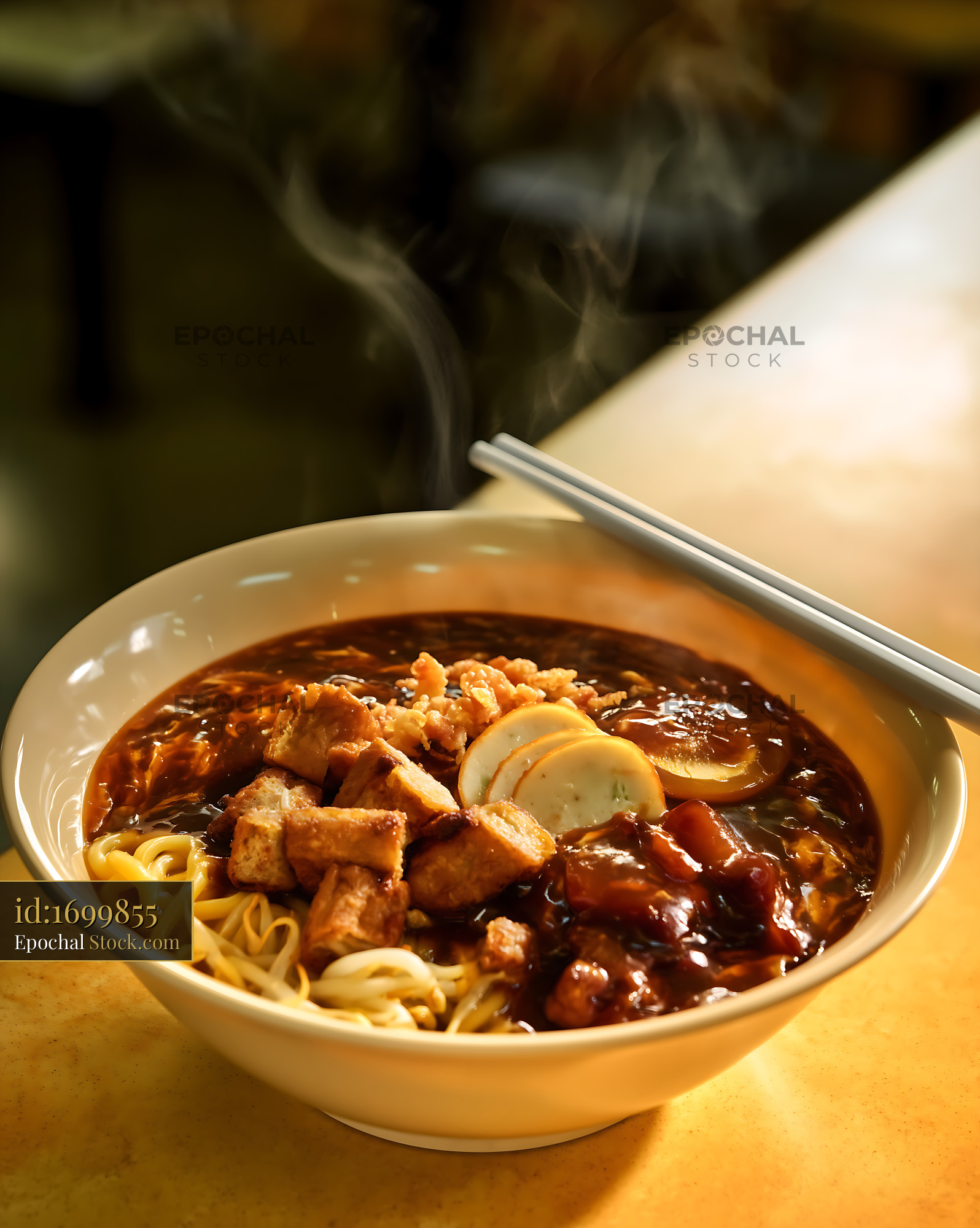 Steaming Hot Lor Mee Soup with Noodles and Toppings - stock photo