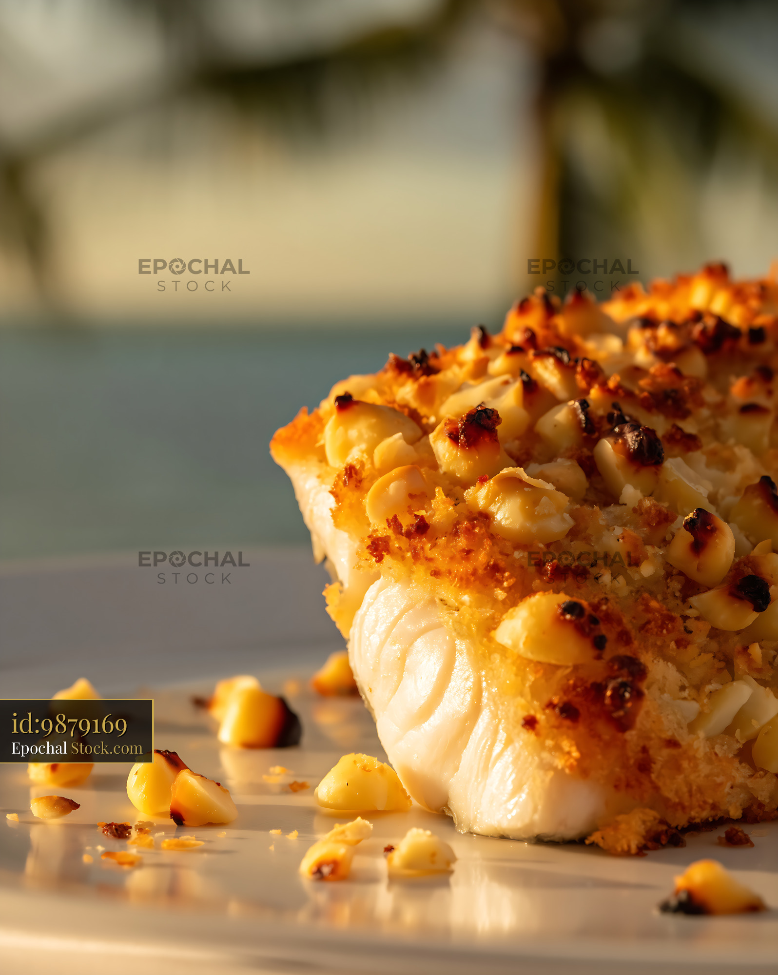 Macadamia Crusted Fish Fillet Golden Plating - stock photo