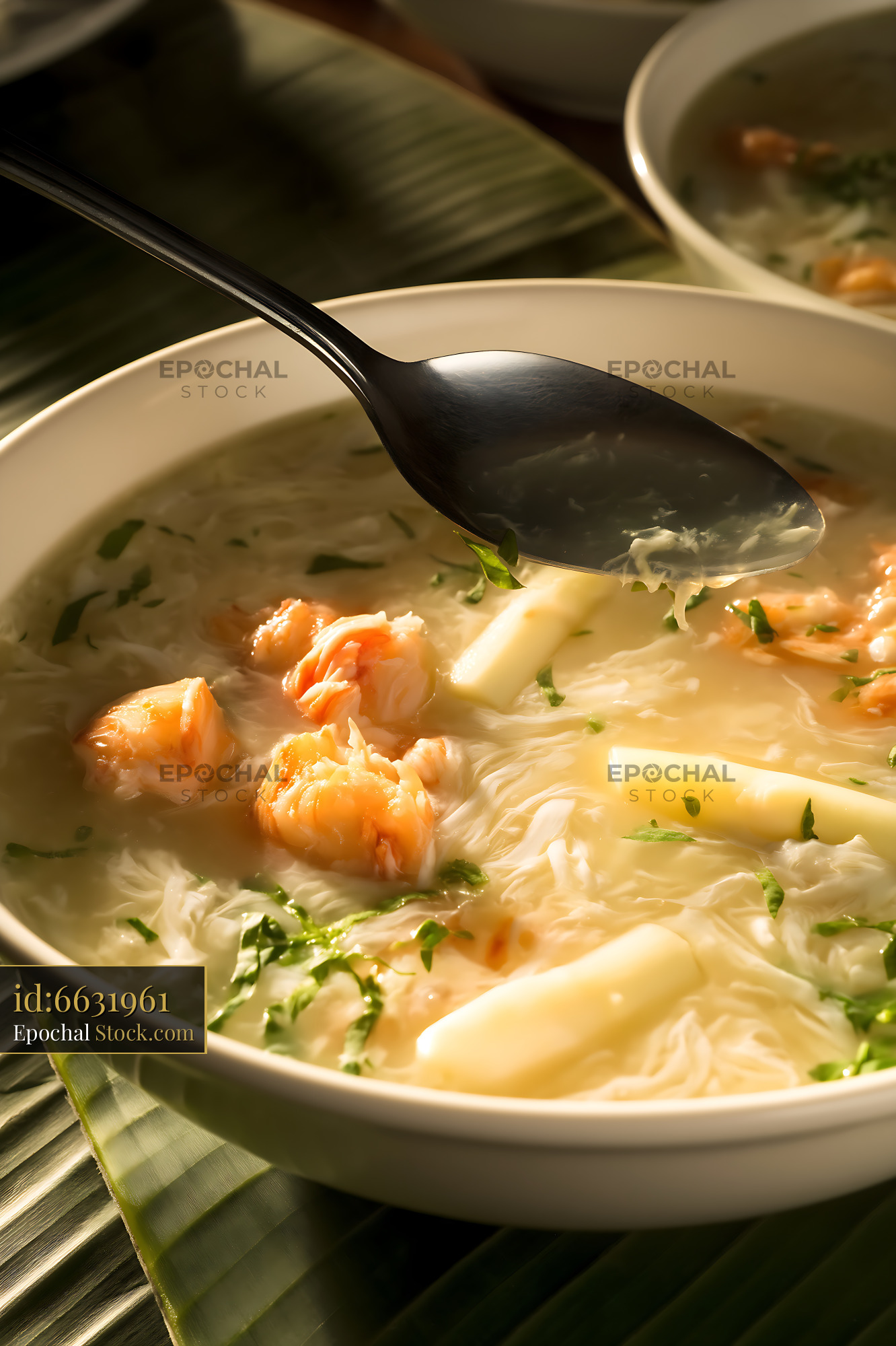 Sup Mang Cua Soup with Shrimp and Bamboo in Bowl - stock photo