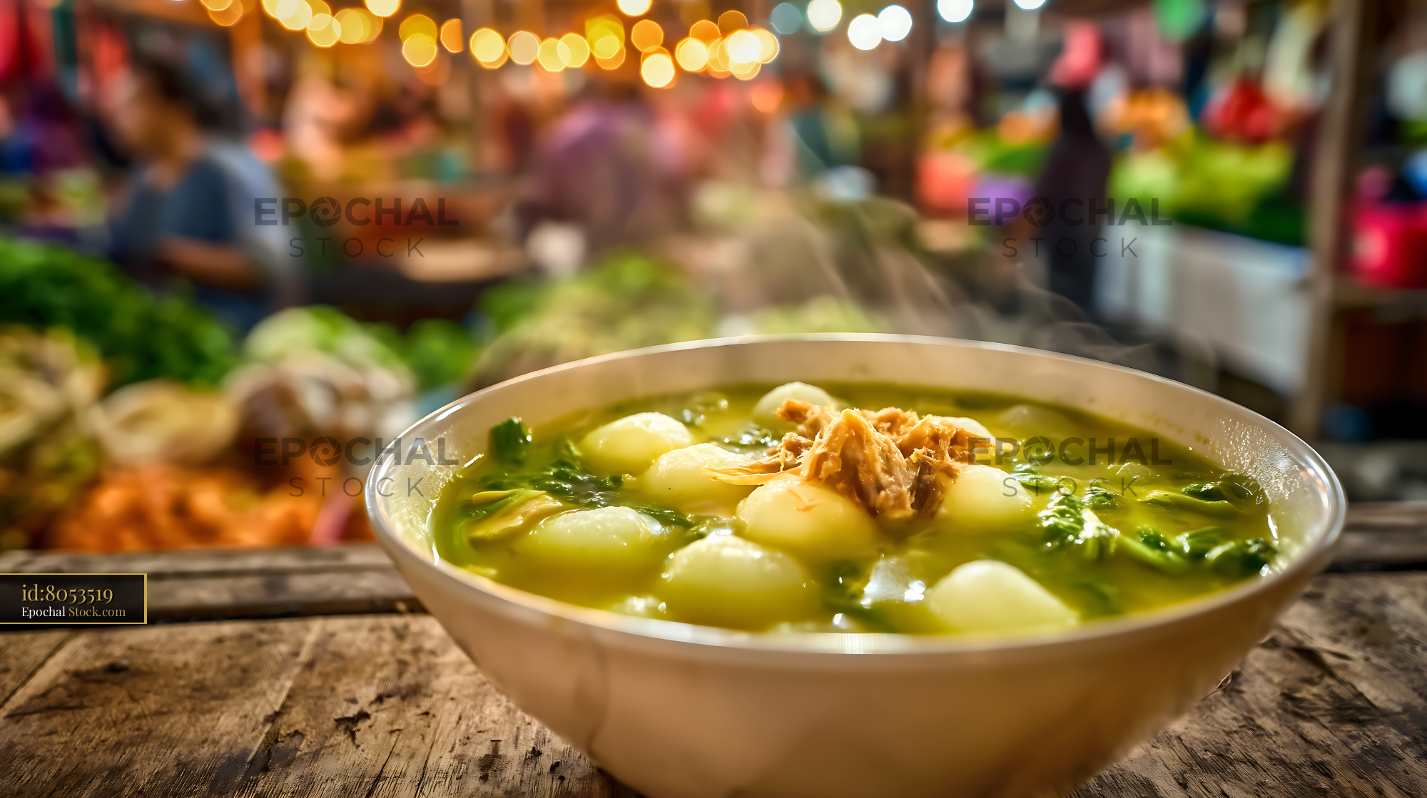 Steaming Lor Mee Soup in Vibrant Street Food Market - stock photo