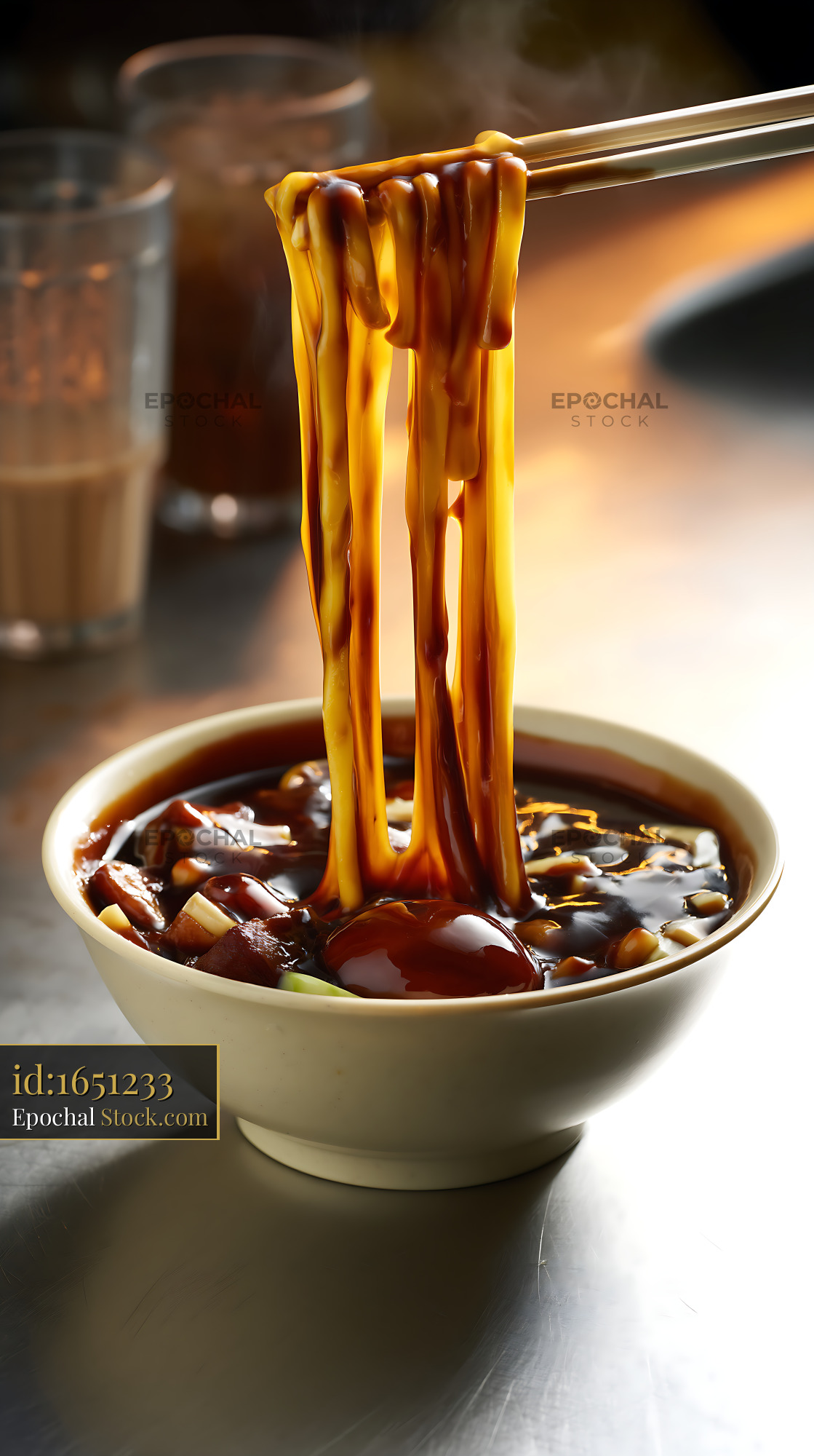 Chopsticks Lifting Lor Mee Soup Noodles from Steaming Bowl - stock photo