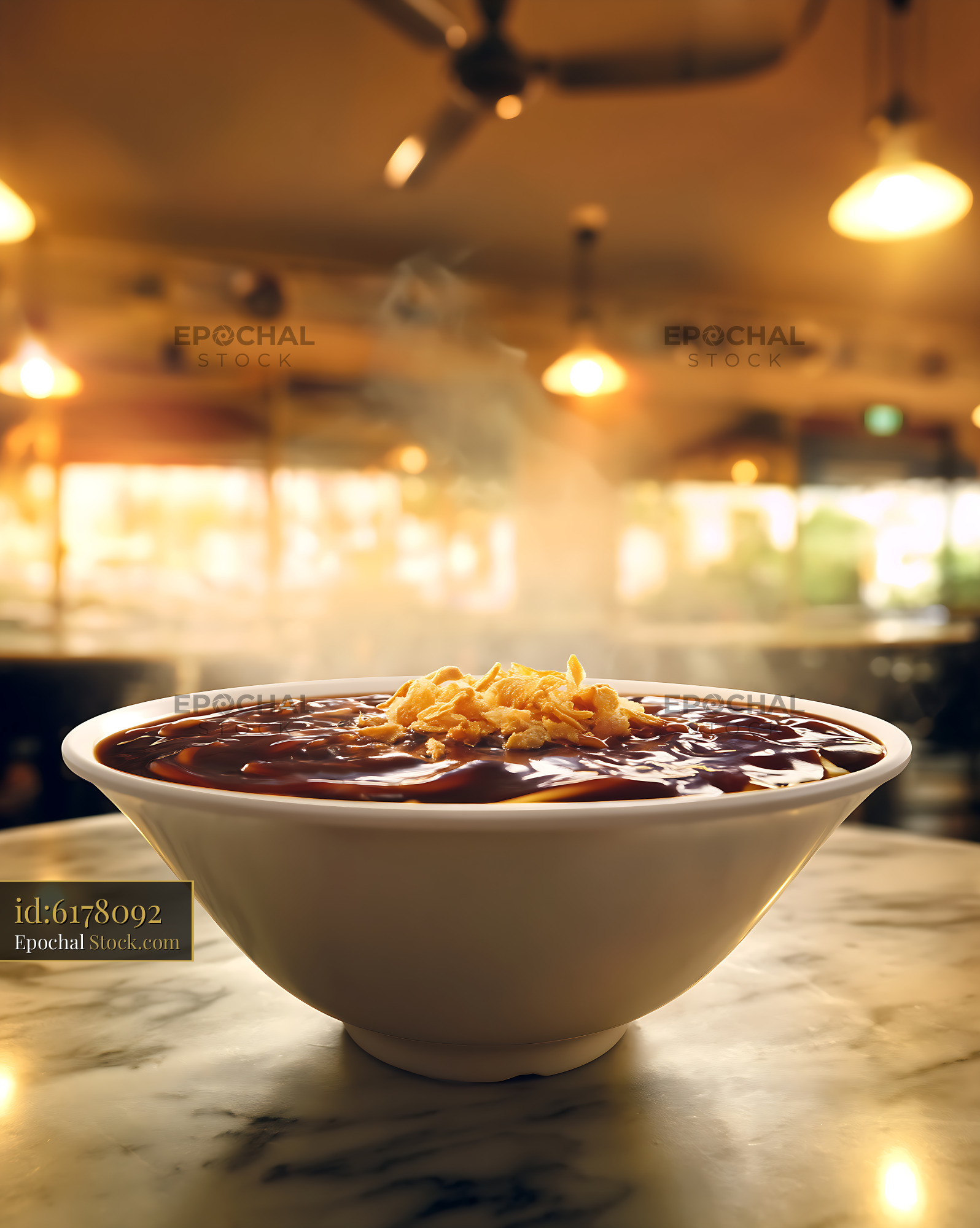 Steaming Lor Mee Soup with Crispy Topping in Restaurant - stock photo