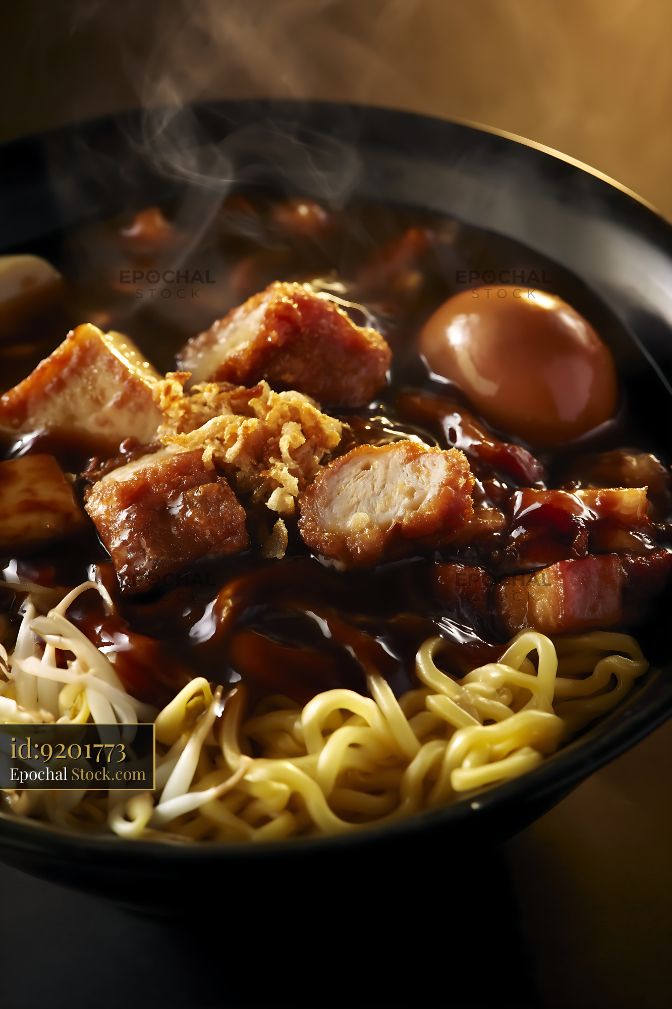 Lor Mee Soup Steaming Hot in Black Bowl with Pork - stock photo