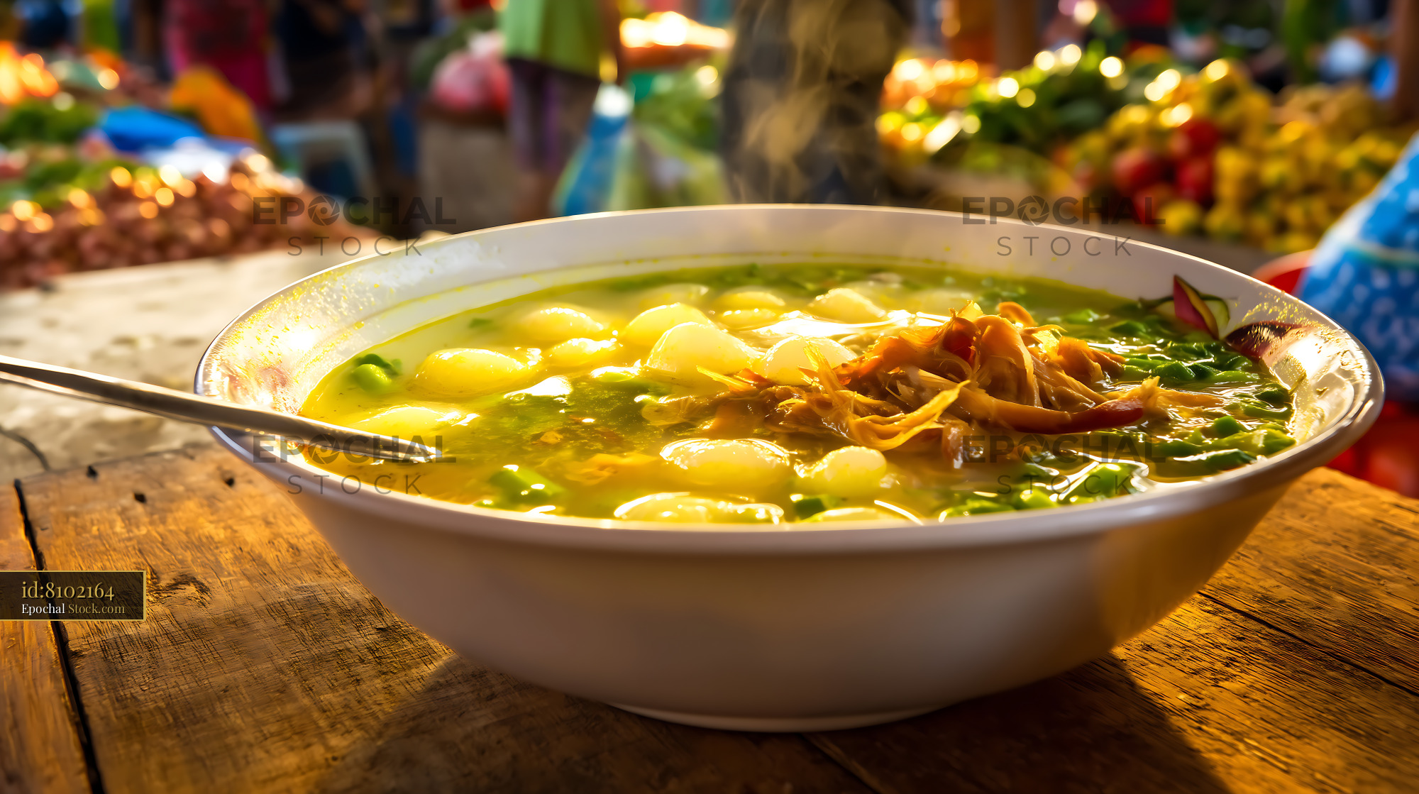 Steaming Lor Mee Soup Bowl at Vibrant Asian Market - stock photo