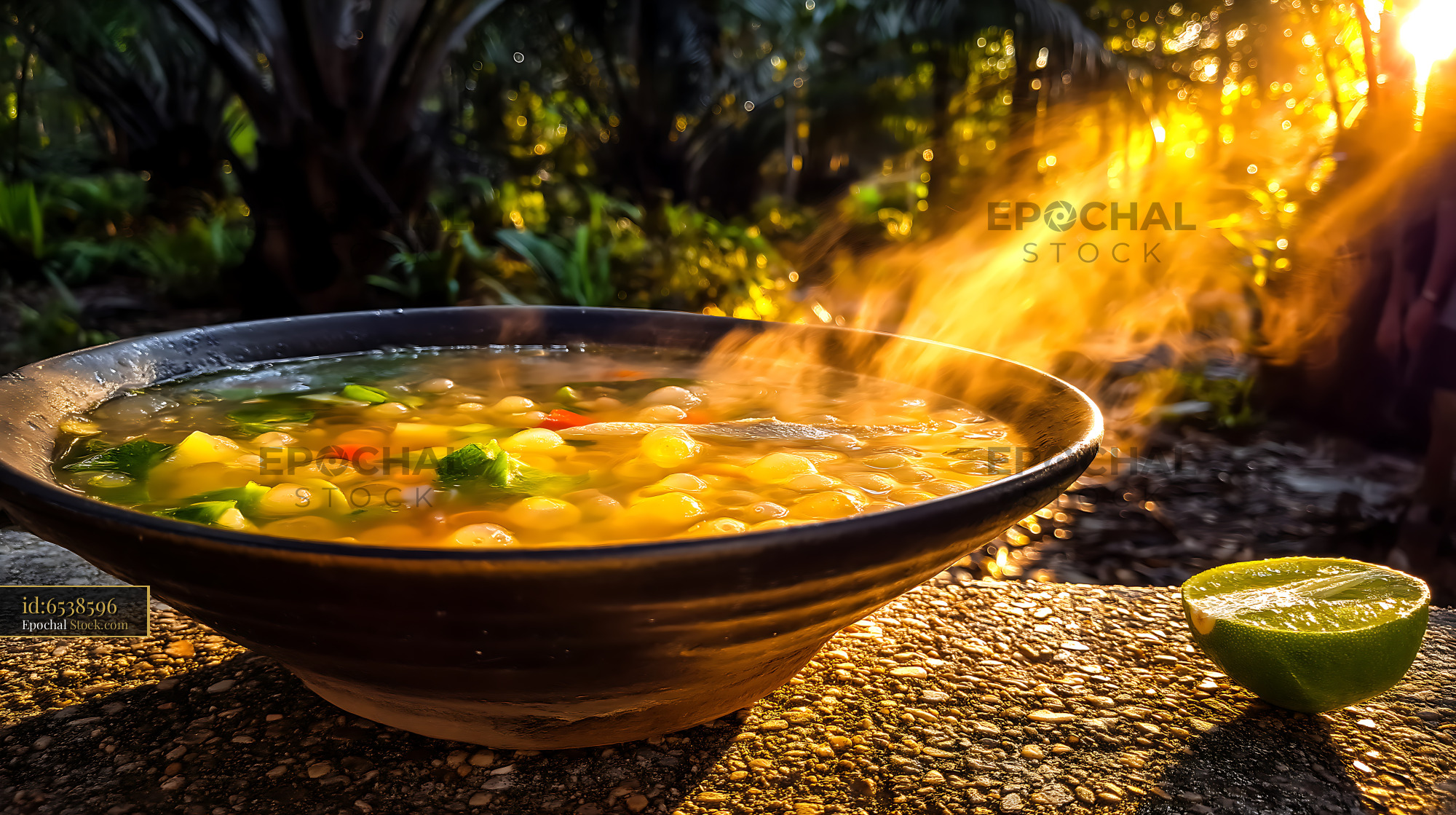 Steaming Lor Mee Soup Outdoors in Golden Sunlight - stock photo