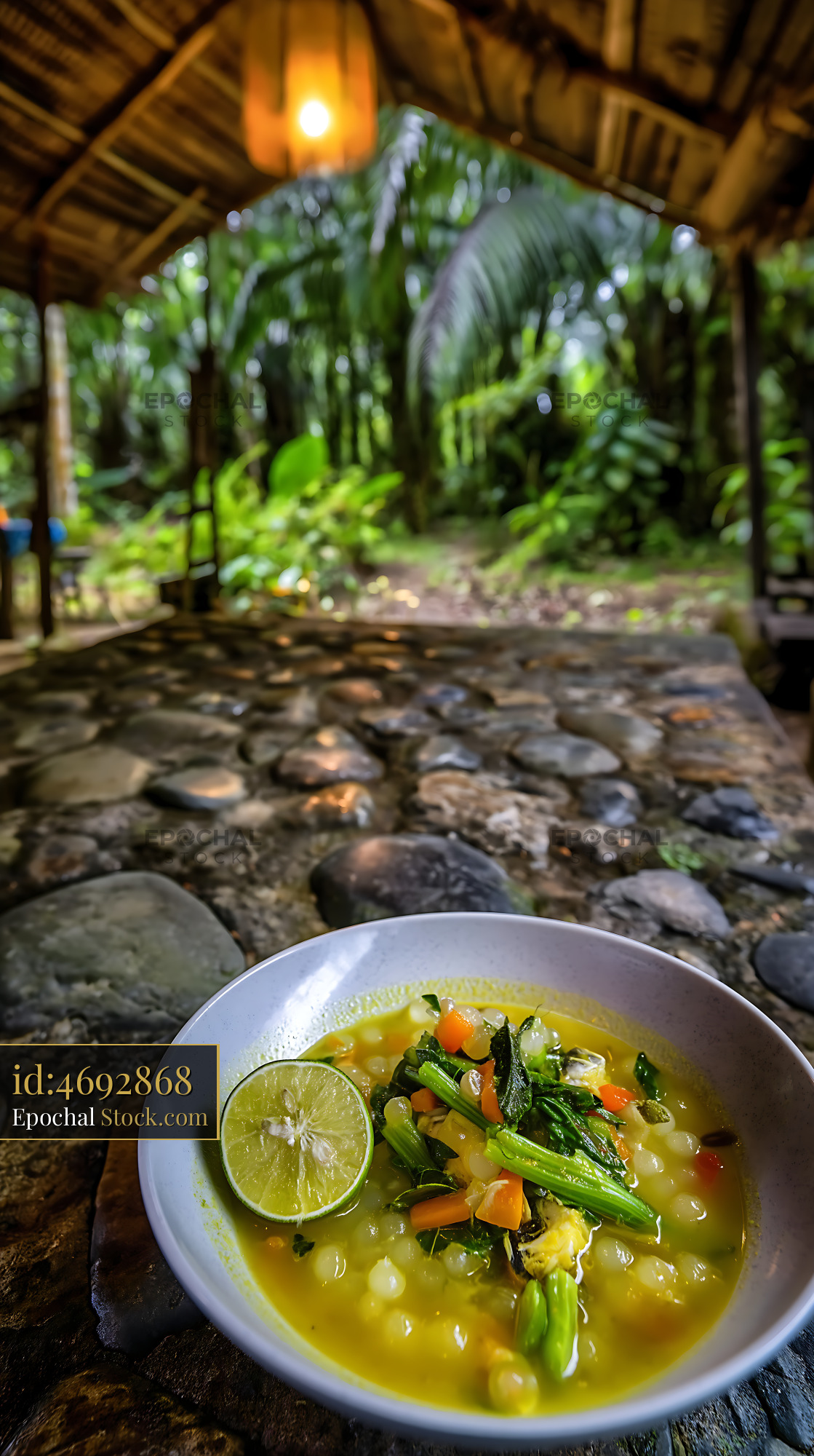 Kapurung Soup Served with Lime in Tropical Jungle Restaurant - stock photo