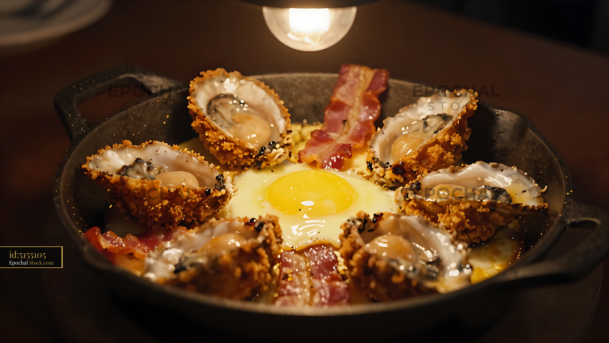 Crispy Oysters with Bacon and Egg in Cast Iron - stock photo