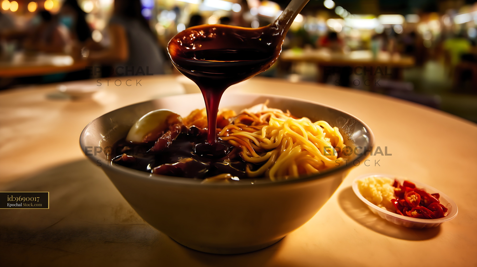 Lor Mee Soup with Sauce Poured at Night Food Stall - stock photo