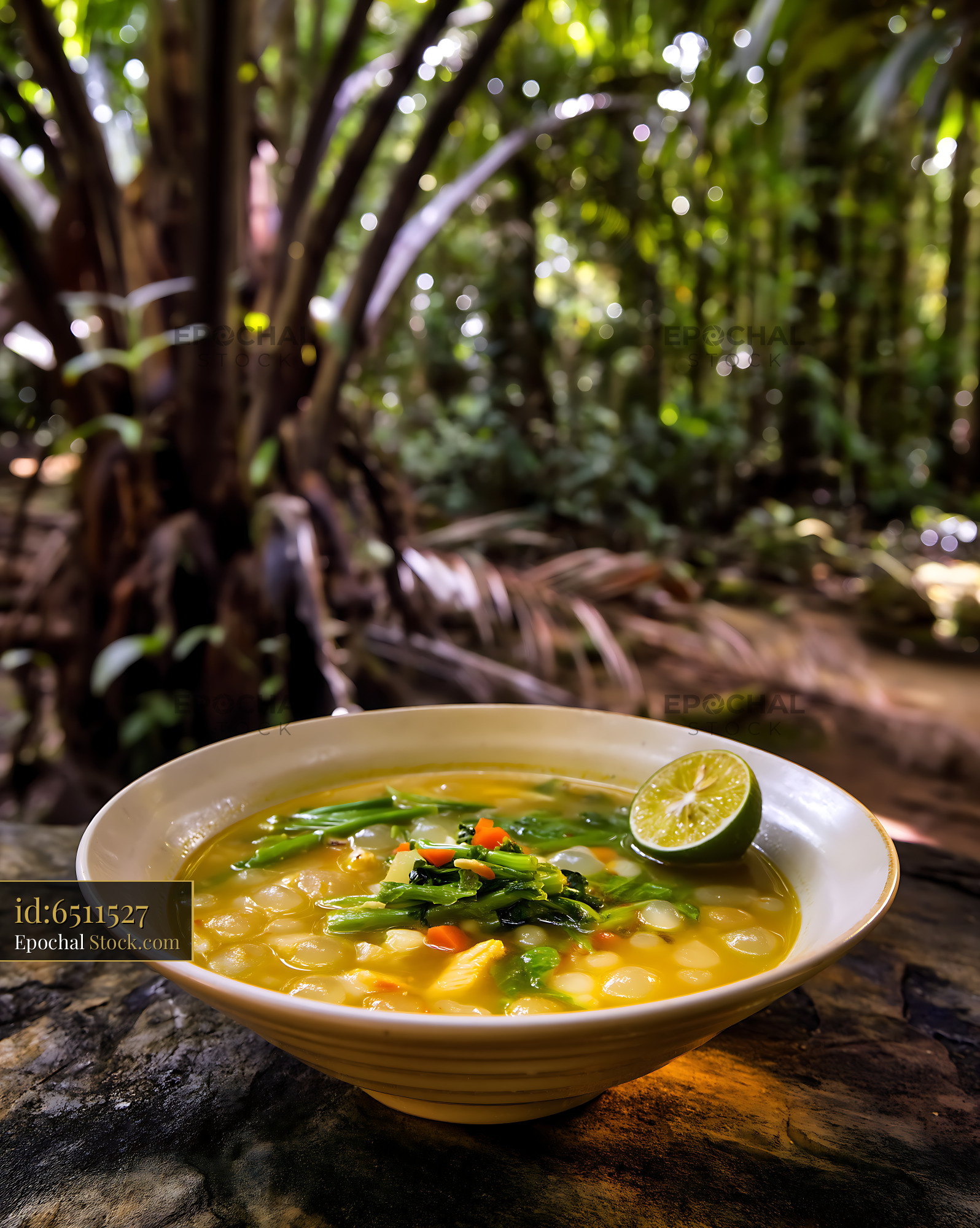 Hearty Lor Mee Soup with Lime in Lush Forest Setting - stock photo