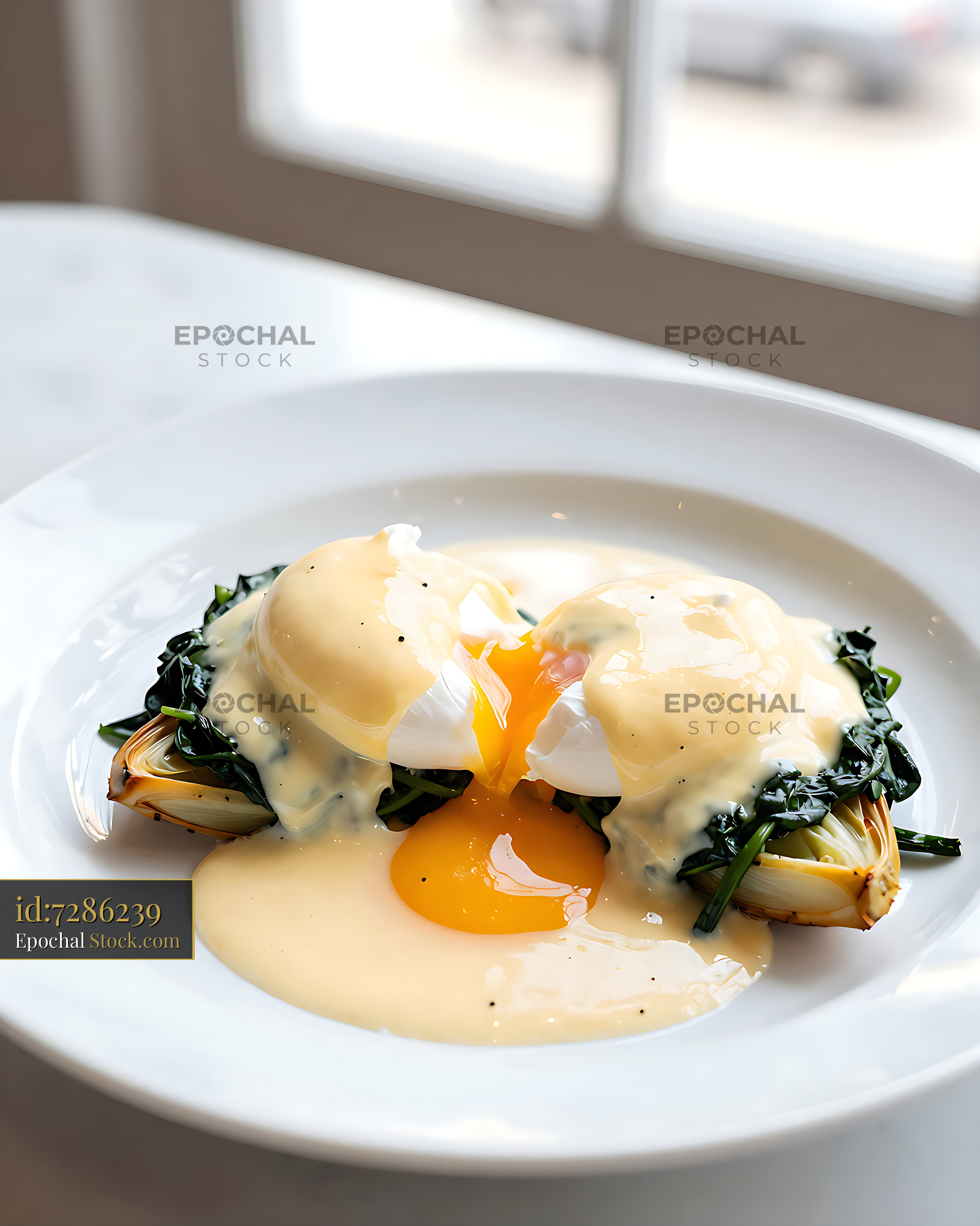 Poached Eggs Benedict with Runny Yolk and Hollandaise - stock photo