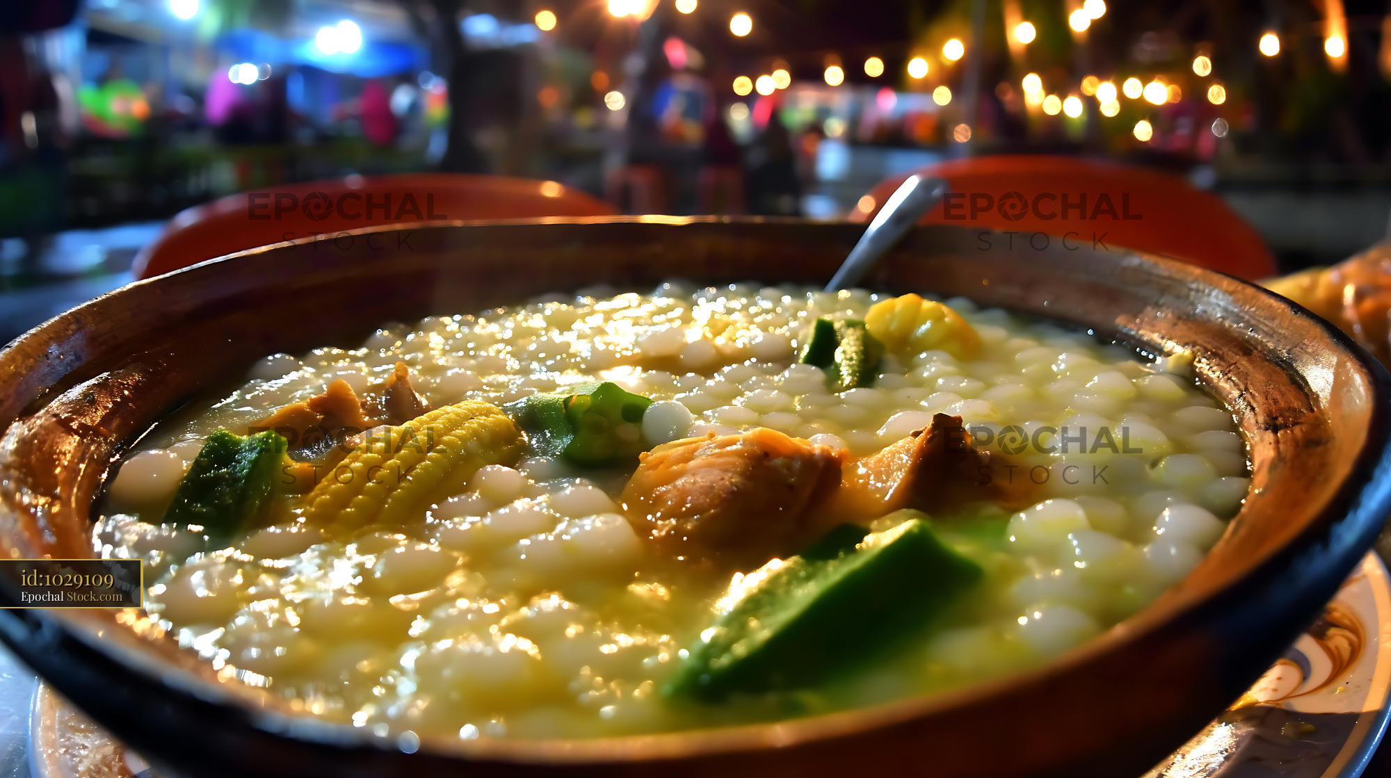 Warm Lor Mee Soup with Baby Corn, Okra, Meat Chunks - stock photo