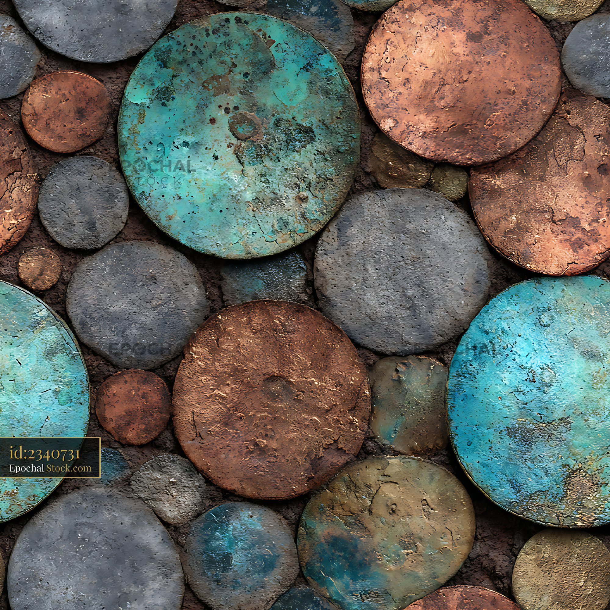 Weathered Copper and Verdigris Disk Seamless Patte - stock photo