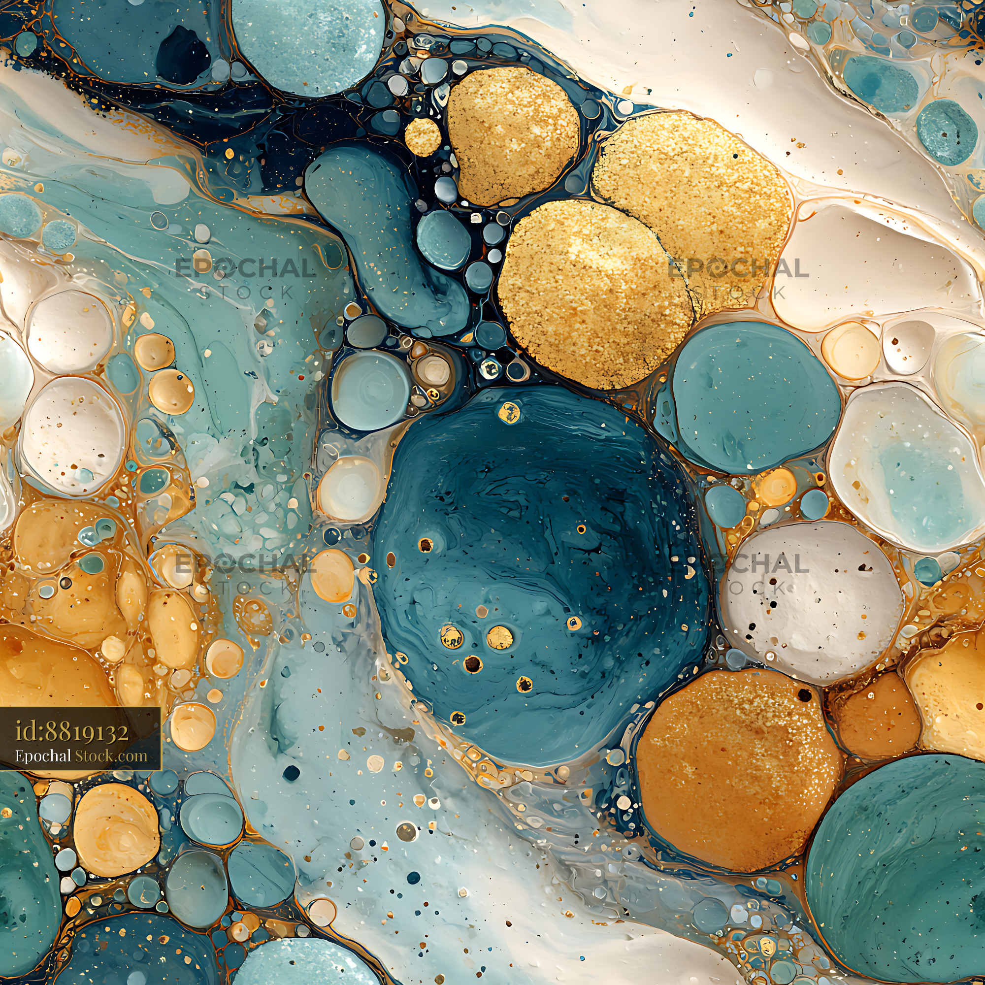 Abstract Gold and Teal Fluid Cells Seamless Patter - stock photo