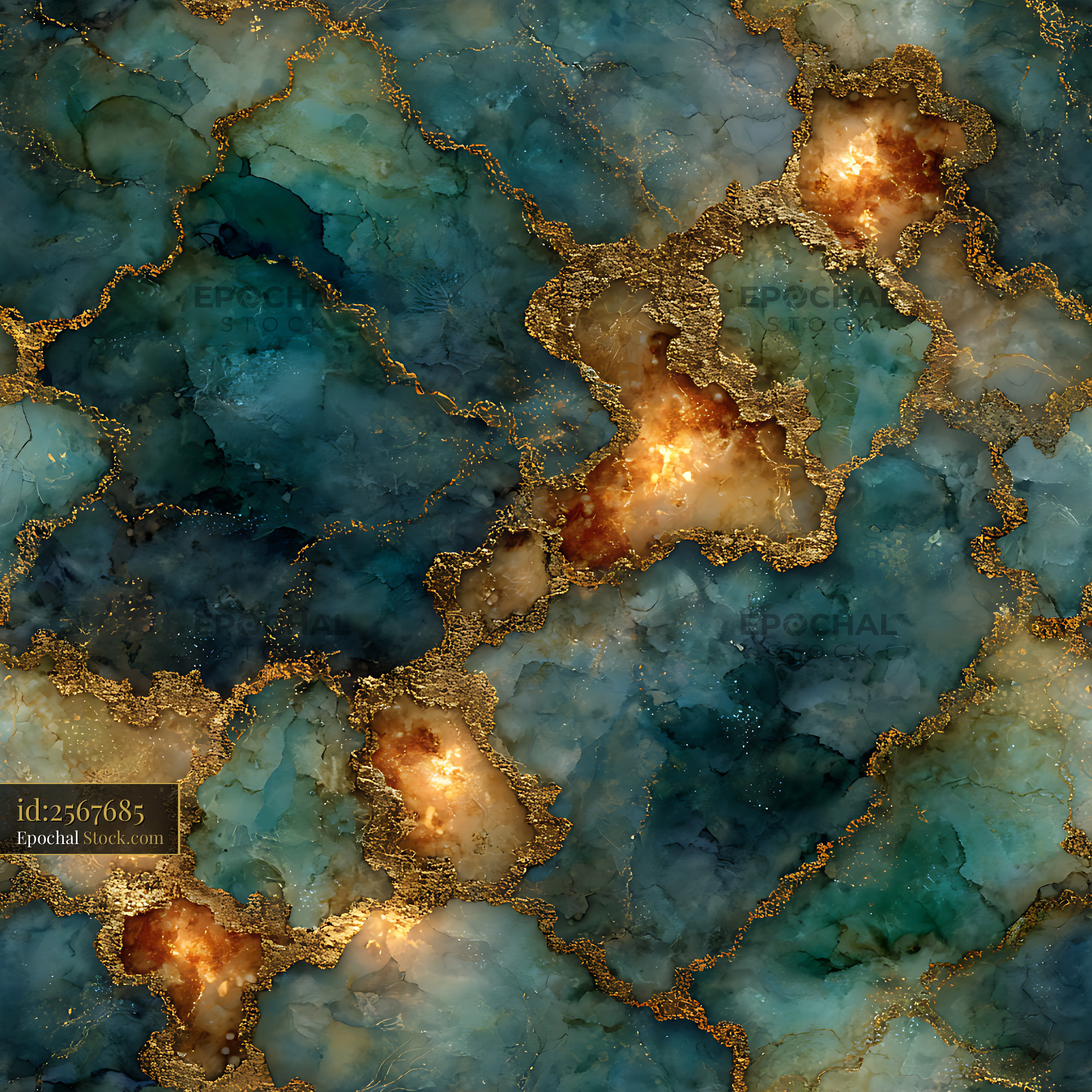 Deep Teal and Gold Geode Marble Seamless Pattern - stock photo