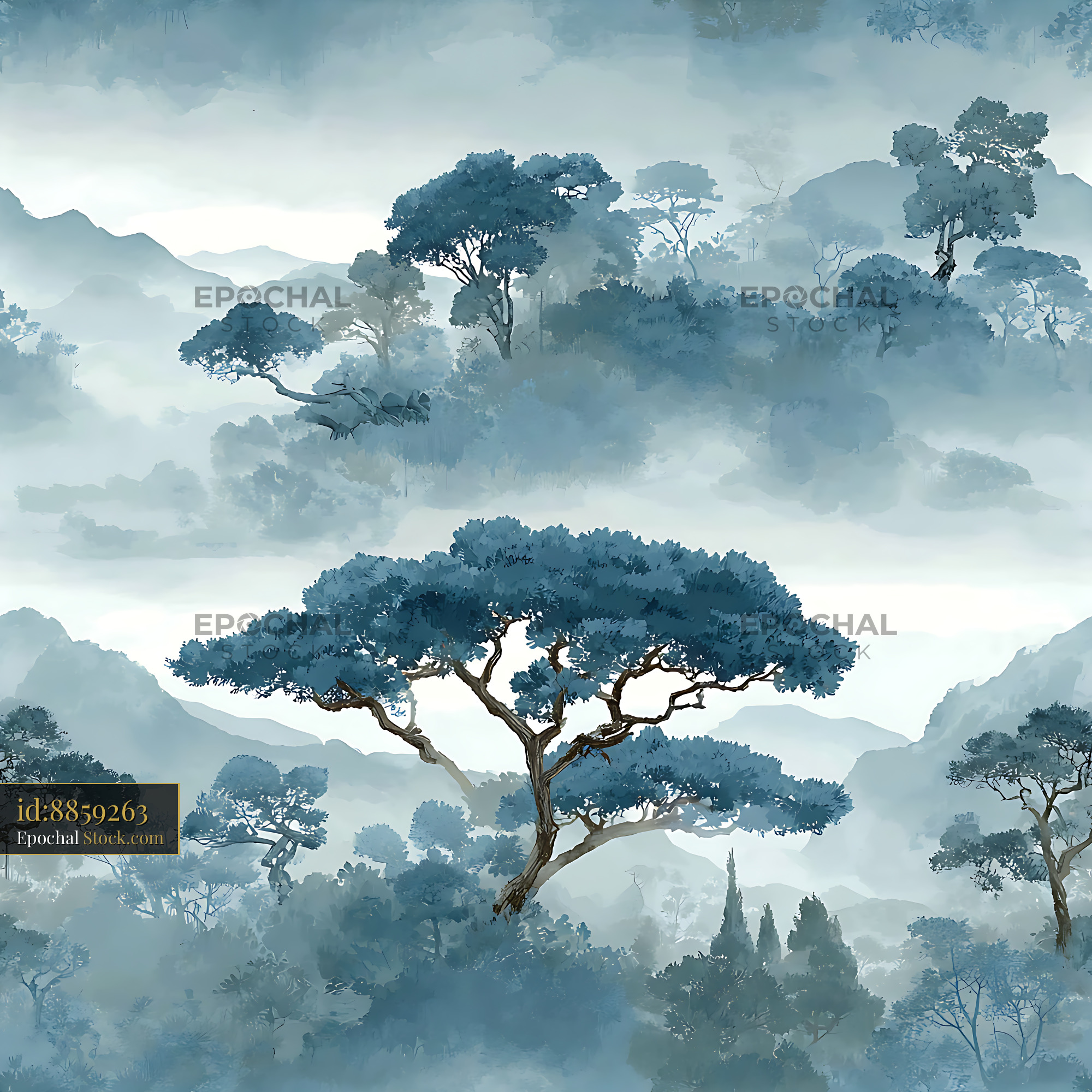 Misty Slate Blue Mountain Forest Seamless Pattern - stock photo